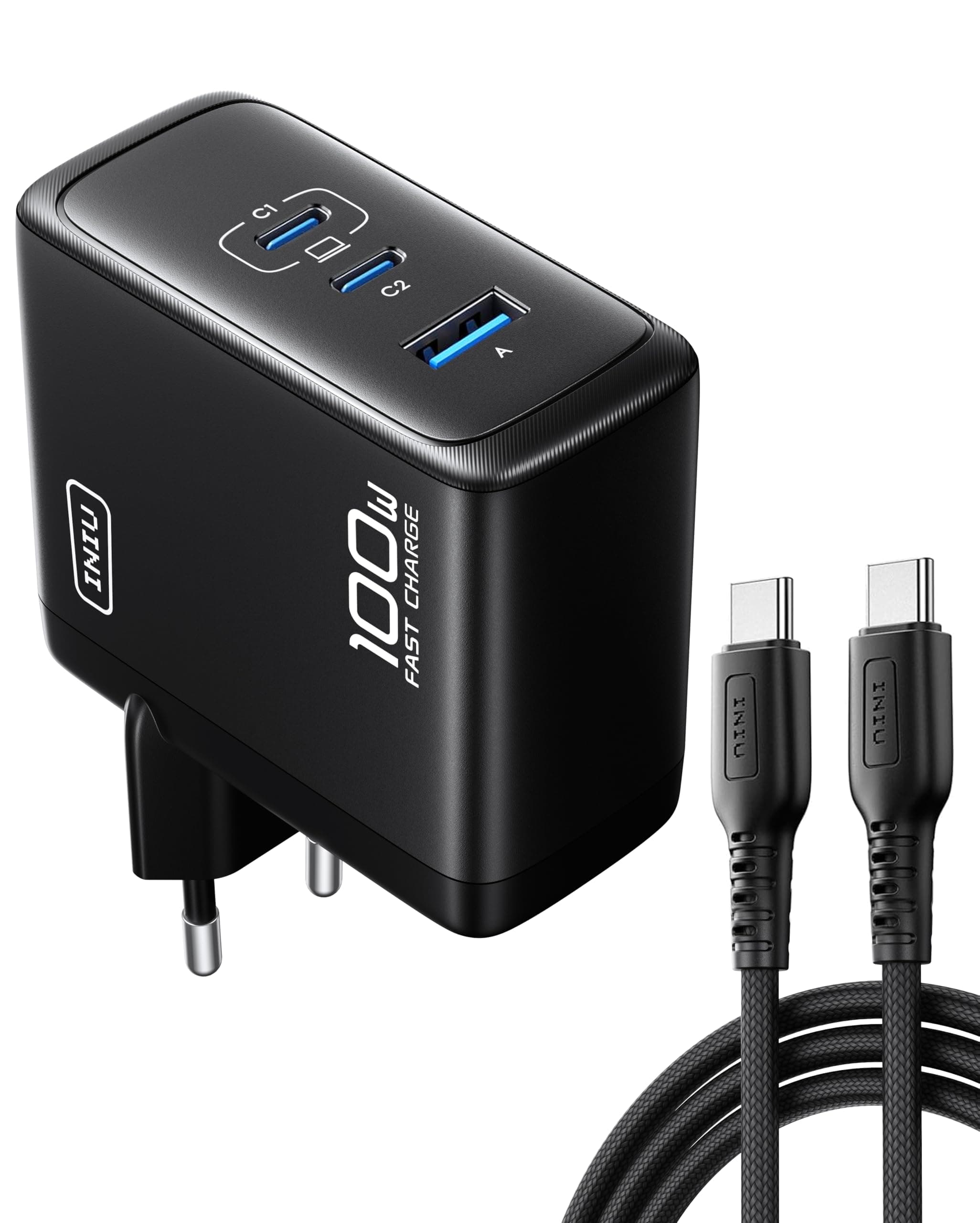 INIU 100W USB C Ladegerät, Laptop Schnellladegerät mit USB C Kabel, GaN 3-Port Mehrfach Netzteil für MacBook Air Pro, iPad, iPhone 17 16 15 Pro Max, Samsung Galaxy S25 S24 Ultra, Pixel, Switch 2 etc Schwarz Angebot bei HelloDeals