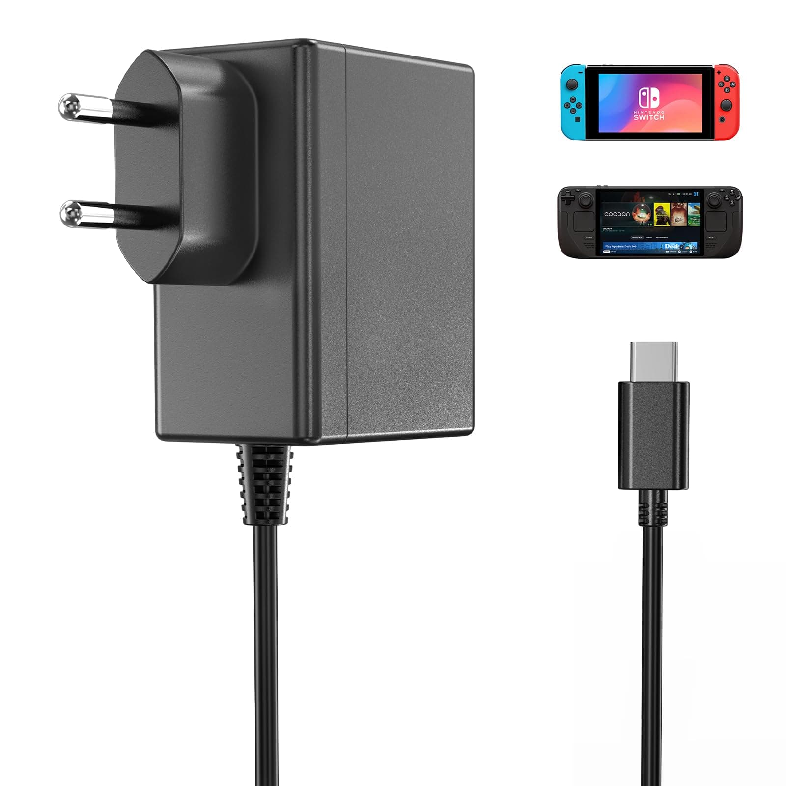 45W Switch GaN Netzteil mit 1.8M Switch Ladekabel Kompatibel mit Nintendo/Lite/OLED/Deck Dock/Pro Controller Unterstützt TV Modus Angebot bei HelloDeals