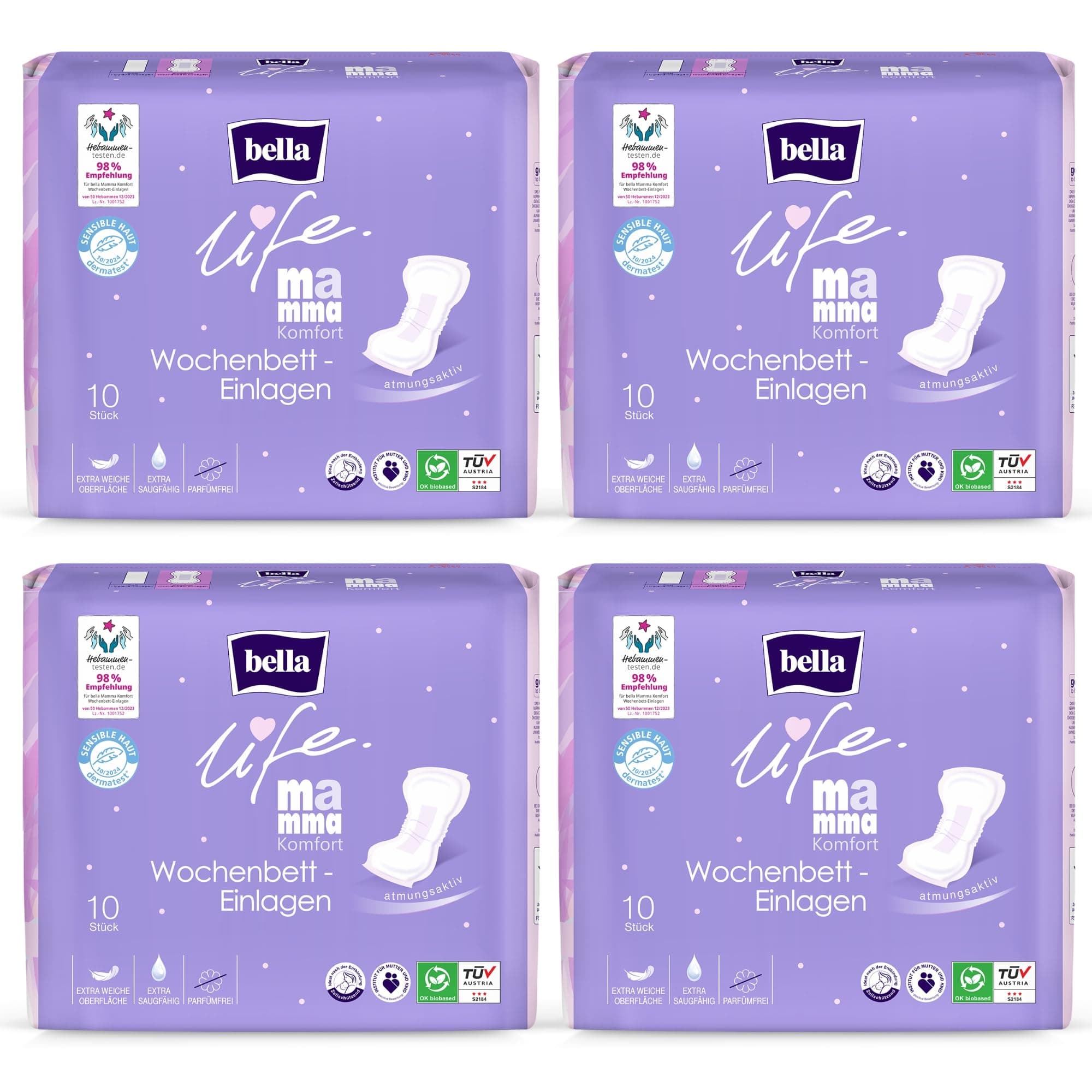 bella life Mamma Komfort Wochenbett Einlagen | dermatologisch getestet | Vorlagen für Wöchnerinnen extra saugfähig, atmungsaktiv & parfümfrei | Wochenbett Binden im 4er Pack - 4 x 10 Stück Angebot bei HelloDeals