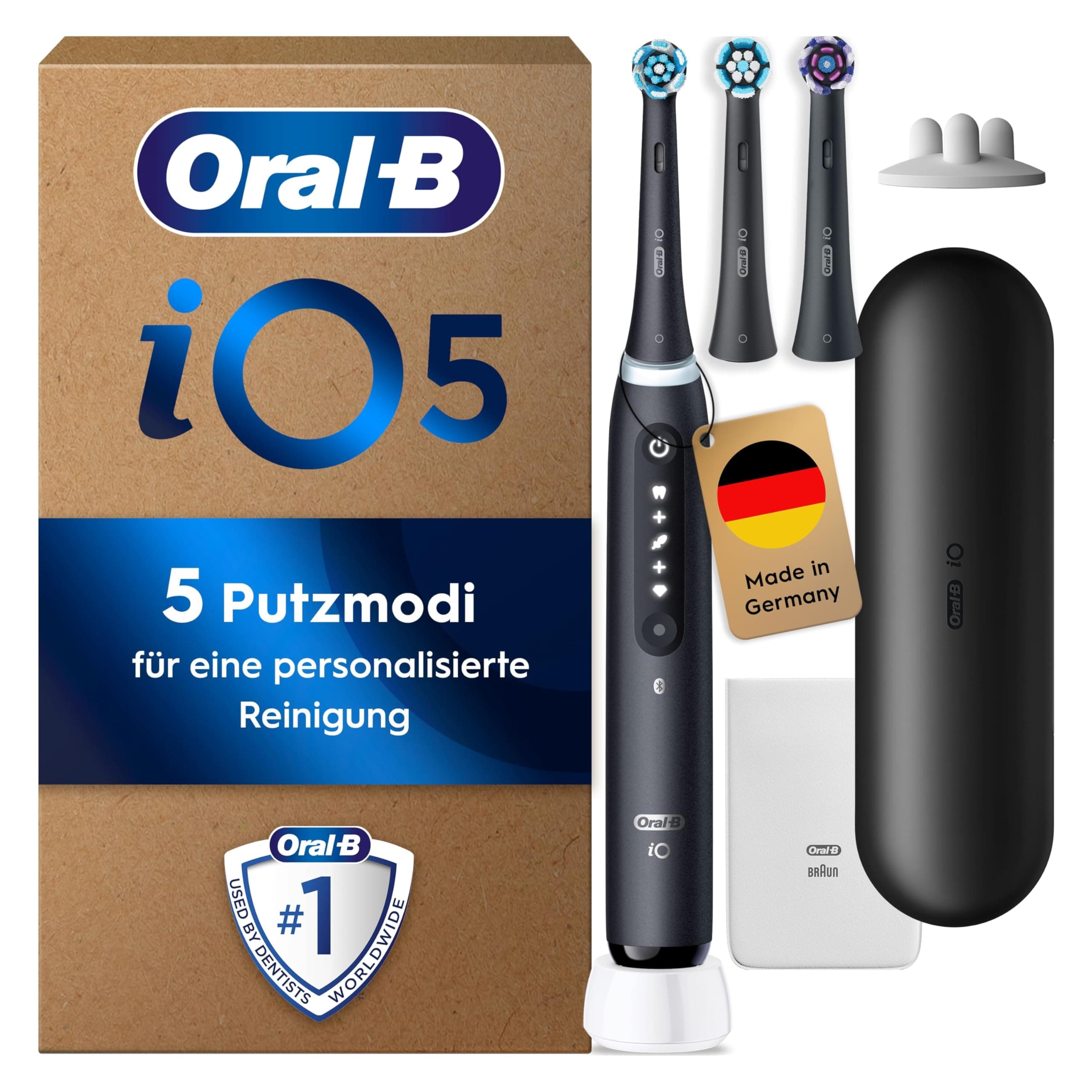 Oral-B iO Series 5 Plus Edition Elektrische Zahnbürste/Electric Toothbrush, PLUS 3 Aufsteckbürsten, 5 Putzmodi für Zahnpflege, Reiseetui, Designed by Braun, matt black Matt Black 1 stück (1er Pack) + Tasche weiß Angebot bei HelloDeals
