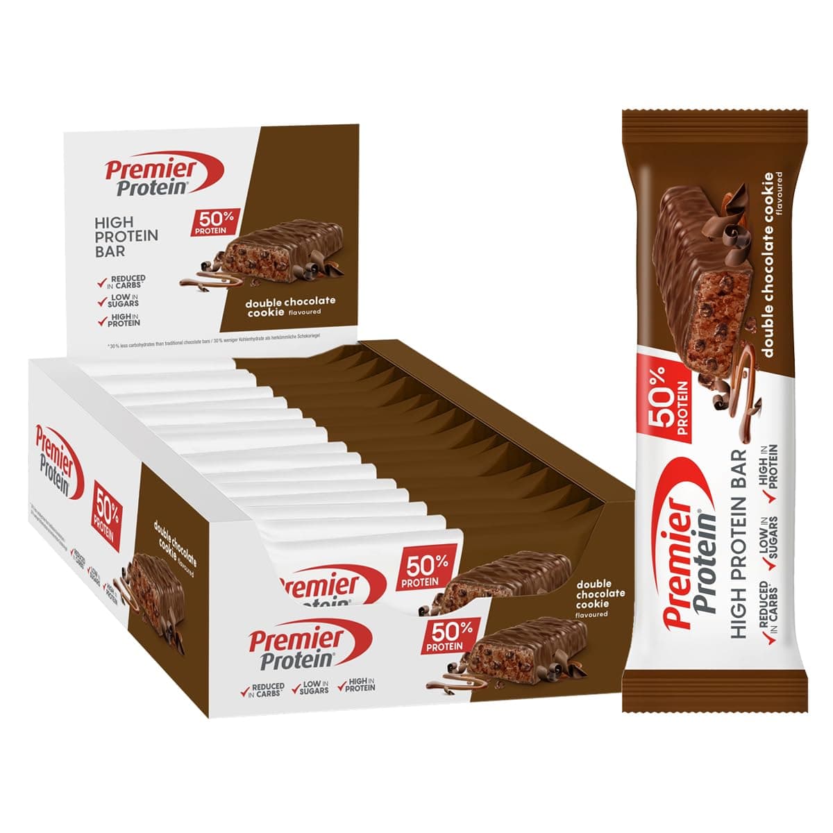 Premier Protein - High Protein Bar 50% - Double Chocolate Cookie - 16x40g - Low Sugar - Low Carb - palmölfrei Double Chocolate Cookie 16x40g Angebot bei HelloDeals