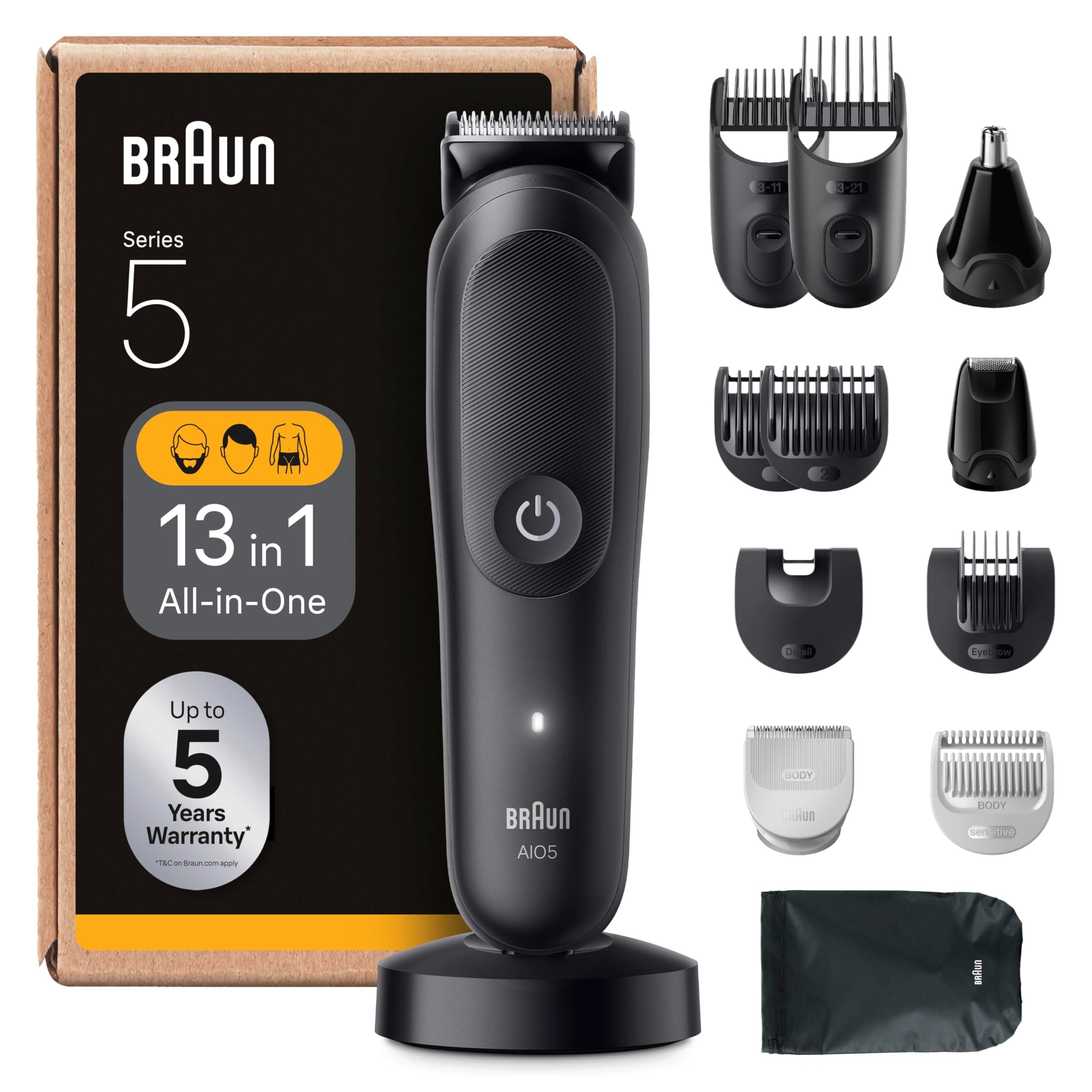 Braun All-in-One Series 5, 13-in-1 Multigroom, Barttrimmer, Nasenhaartrimmer, Haarschneidemaschine für Gesicht, Kopf und Körper, 120 Min Akku, 14 Längen (3–21 mm), Wasserdicht, AIO5565, Schwarz Angebot bei HelloDeals
