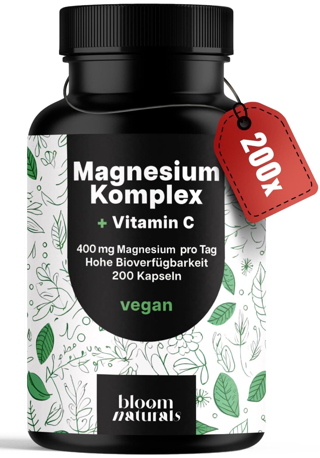 Magnesium Komplex hochdosiert - 200 Kapseln - 400 mg Magnesium pro Tag + Vitamin C, mit Bisglycinat, Citrat, Oxid, L-Ascorbat, Malat, vegan & produziert in Deutschland Angebot bei HelloDeals