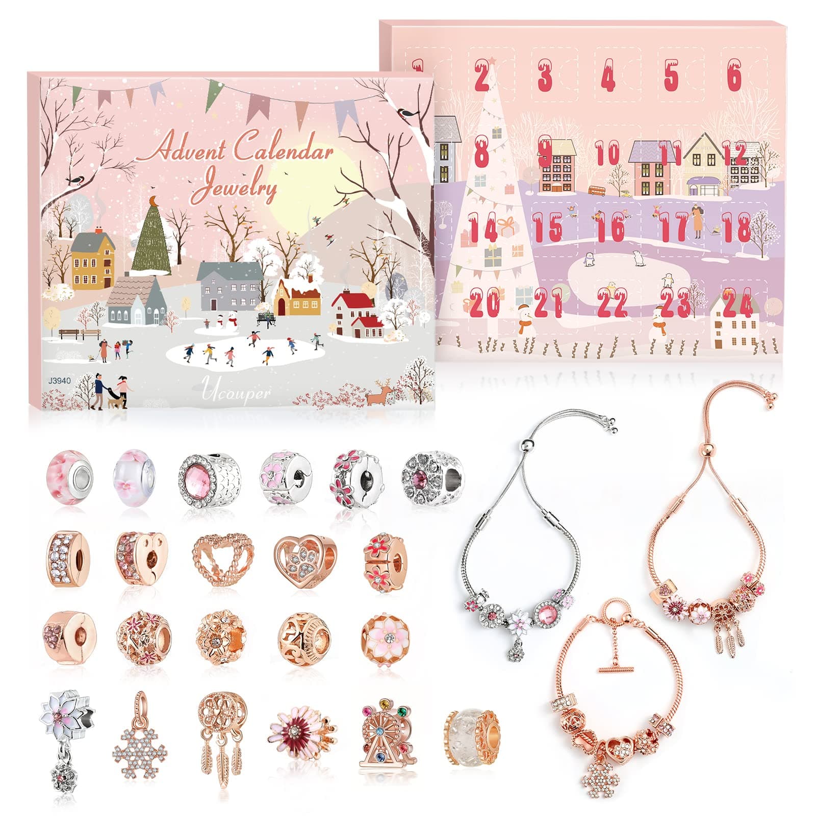 Adventskalender Schmuck mit 3 verstellbaren Armbändern 22 Charm Beads für Mädchen Frauen Weihnachtskalender Weihnachts Geschenk DIY Angebot bei HelloDeals