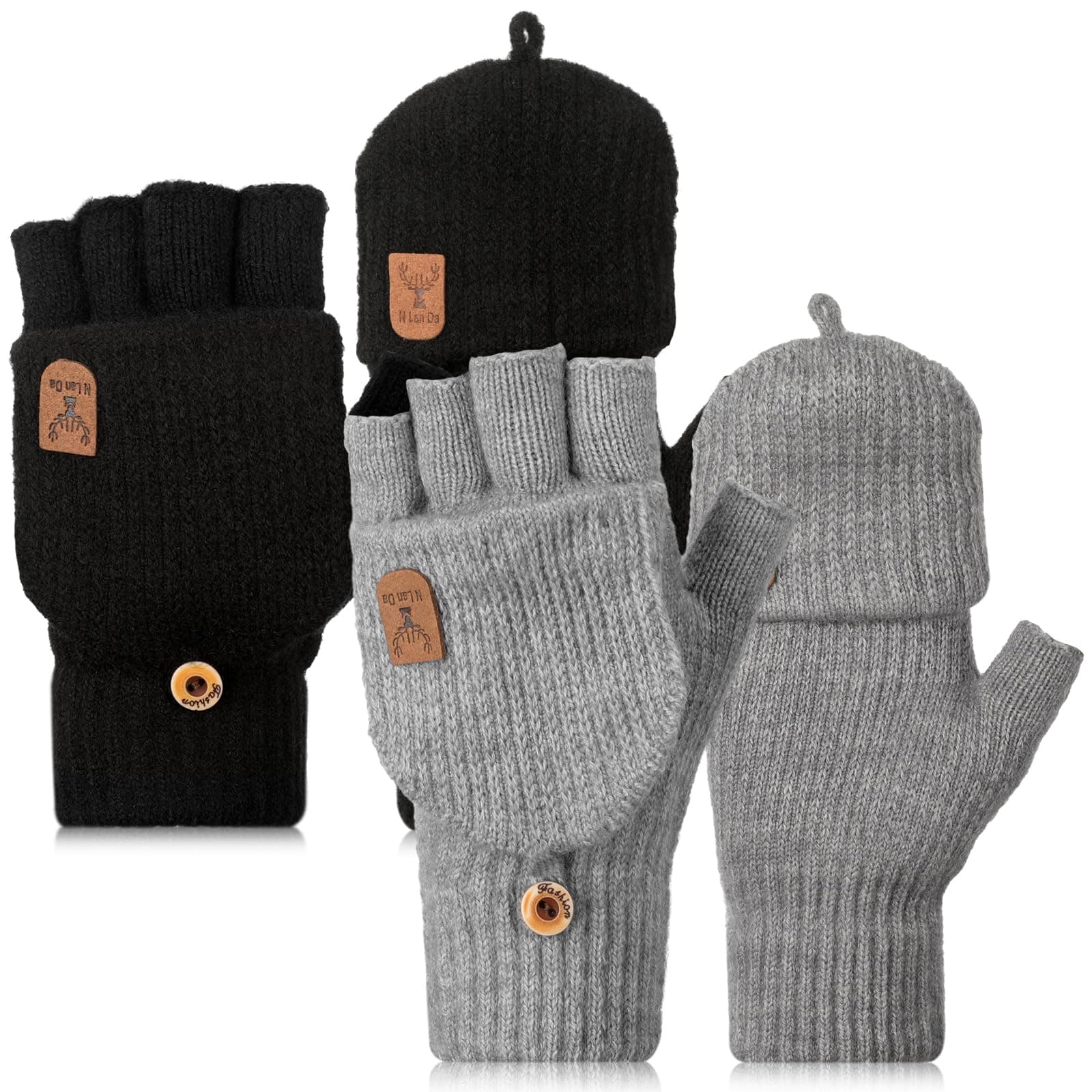 Neer 2 Paar Damen Fingerlos Handschuhe mit Kappe Halbfinger Fäustlinge Warm Winterhandschuhe Klassisch Schwarz und Grau Angebot bei HelloDeals
