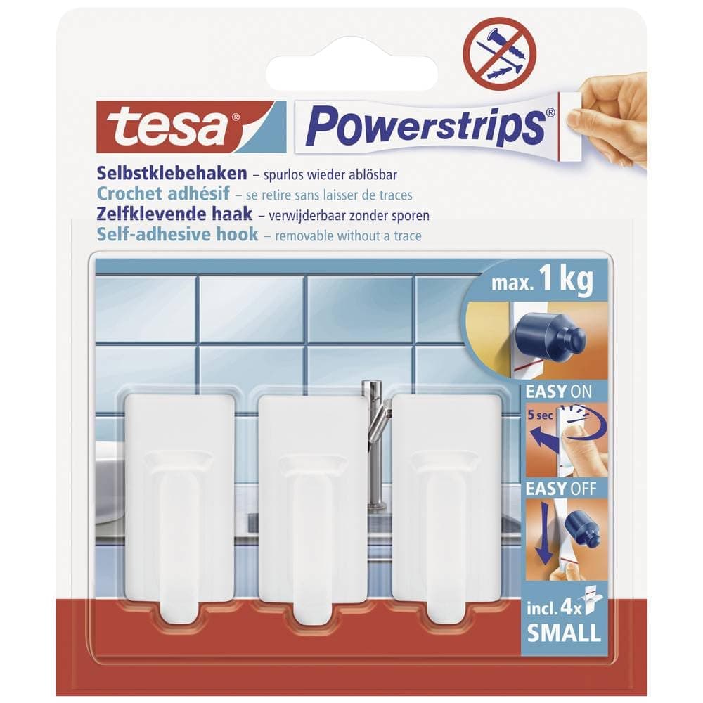 tesa Powerstrips Haken Small Classic - Selbstklebender Wandhaken für Glas, Kacheln, Holz, Kunststoff und andere Untergründe - Weiß, Klein Weiß Klein Angebot bei HelloDeals