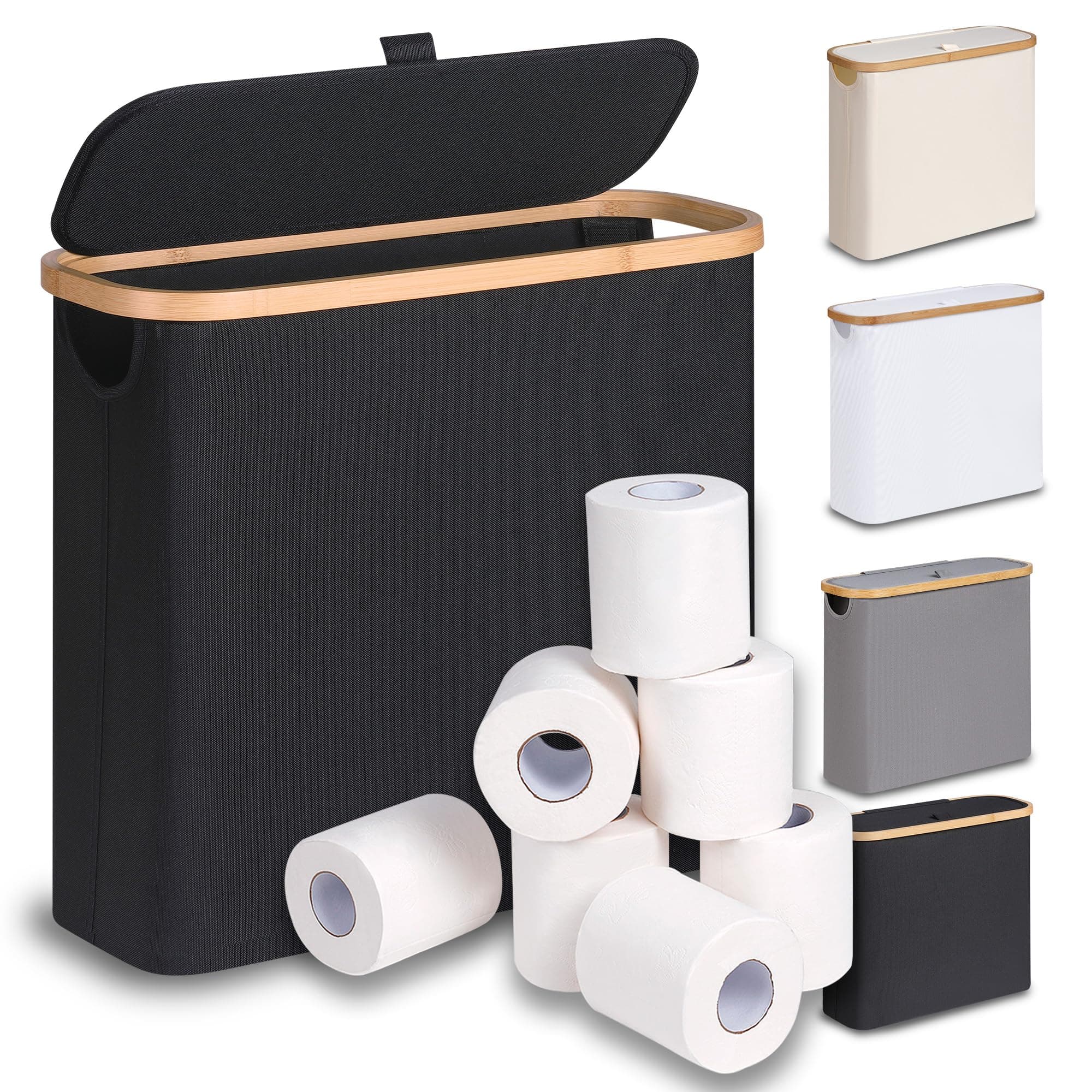 efluky 28L Toilettenpapier Aufbewahrung Korb mit Deckel, Bambus Toilet Paper Organizer Badezimmer Organizer, Klopapier Aufbewahrung für 9-12 Rollen Klopapier, Perfekt für Enge Räume (Schwarz) Schwarz 28L Angebot bei HelloDeals