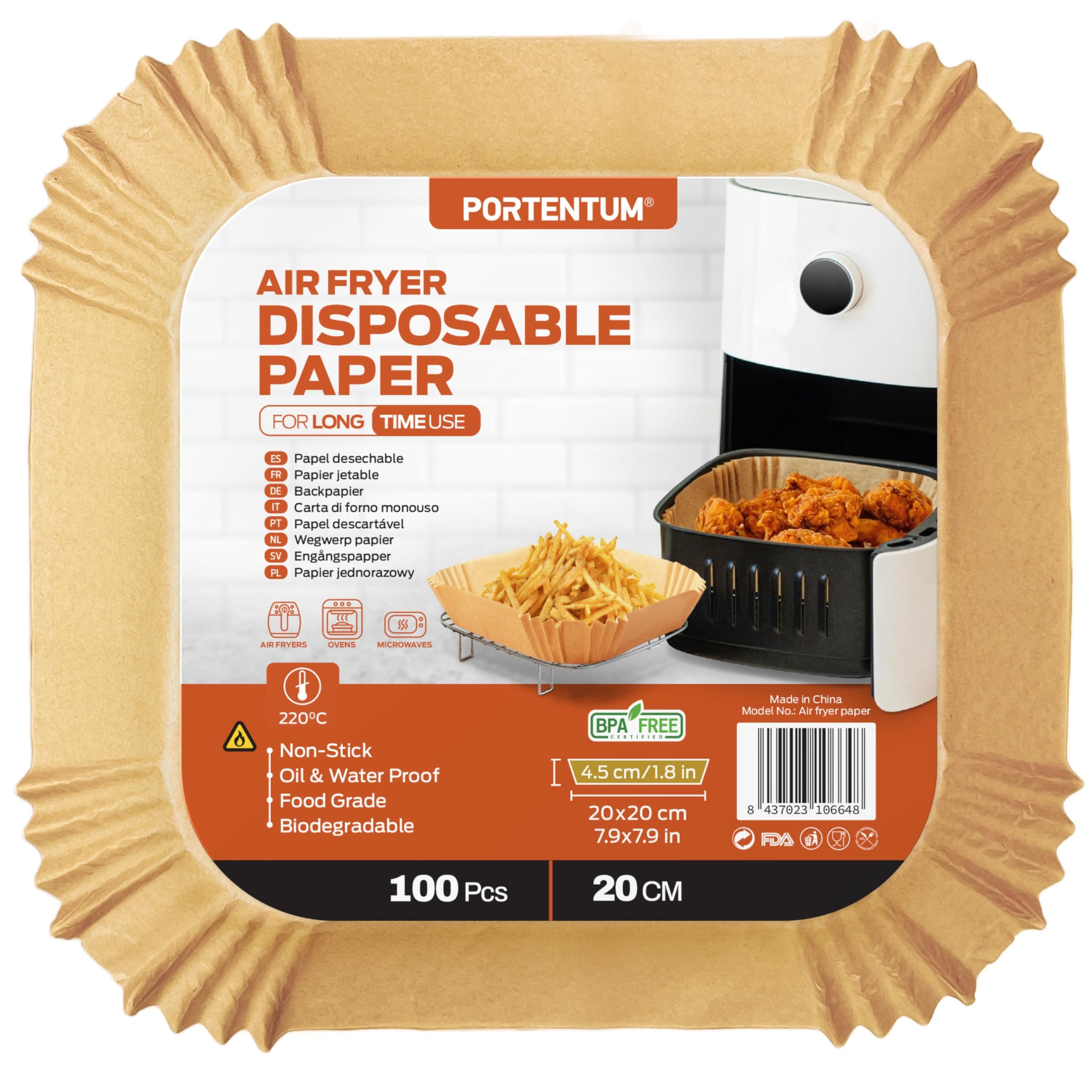 PORTENTUM Backpapier für Heißluftfritteuse 100 Stück BPA-frei, 20x20 cm, Airfryer Backpapier Antihaft Wasserdicht Ölfest Einwegschalen Luftfritteuse Pergamentpapier Liner für 4.7L - 7.3L2, Quadrat Quadratisch 20-20 cm / Von 5L bis 8L Angebot bei HelloDeals
