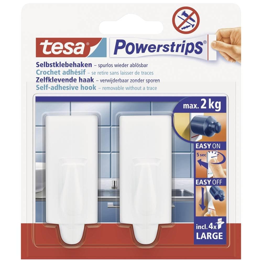 tesa Powerstrips Haken Large TREND - Selbstklebender Wandhaken für Glas, Kacheln, Holz, Kunststoff und andere Untergründe - Weiß 58045-00-01 Angebot bei HelloDeals