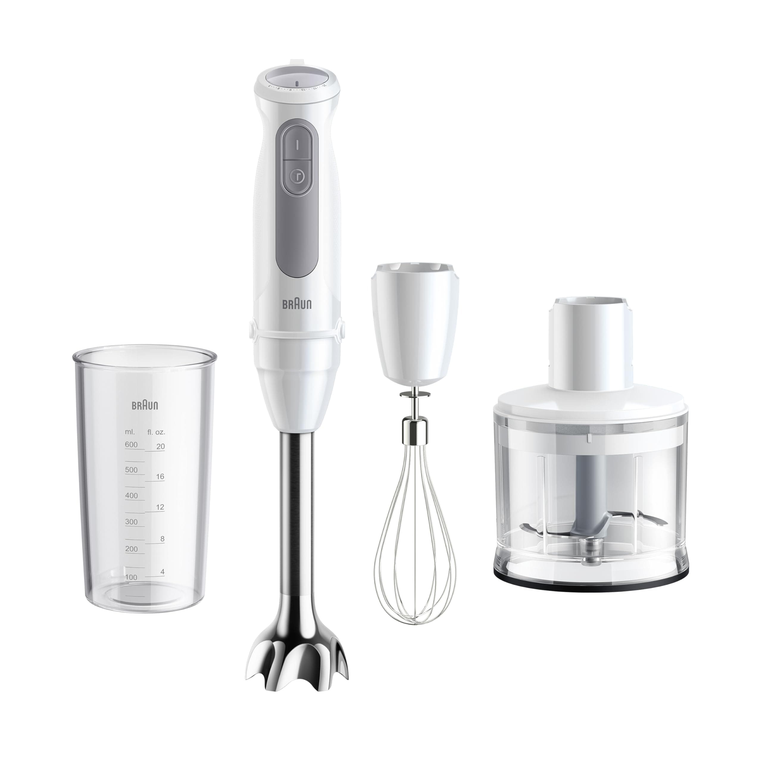 Braun Stabmixer MultiQuick 5 MQ 50236 M - Elektrischer Stabmixer mit 21 Geschwindigkeitsstufen + Turbo, Edelstahl Pürierfuß, Easy Click System, SplashControl, 3-teiliges Zubehör-Set, 1000 Watt, Weiß Version 2024 - Schneebesen Angebot bei HelloDeals