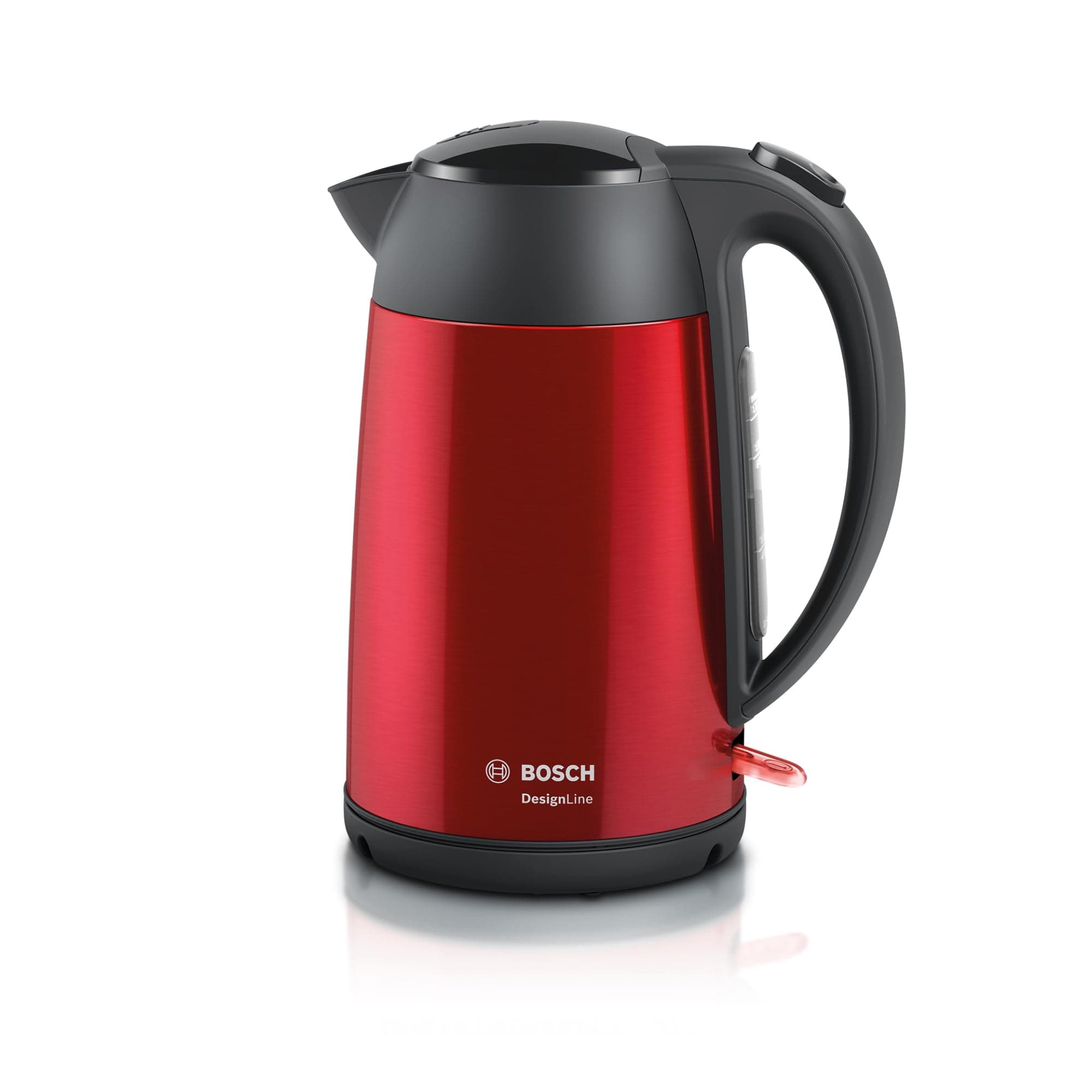Boschkabelloser Wasserkocher DesignLine TWK3P424 DesignLine kabelloser Wasserkocher, Ausgießen ohne Spritzer, Tassenanzeige, Wasserstandsanzeige, Überhitzungsschutz, 1,7 L, 2400 W, rot Deep Red/Grey Angebot bei HelloDeals
