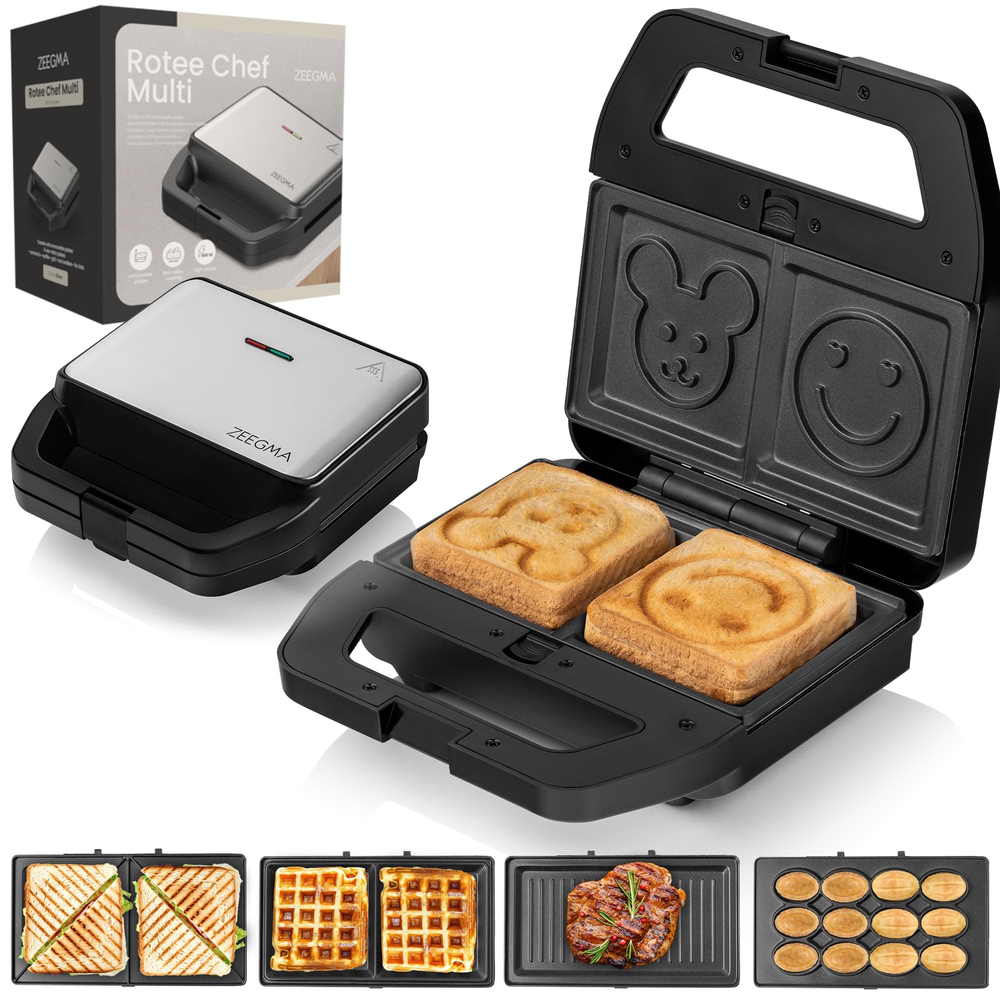 ZEEGMA ROTEE CHEF MULTI Multifunktions-Toaster 800 W 5-in-1, für Toast, Brot, Waffeln, Sandwiches, Kekse, Grill, Toaster, antihaftbeschichtete Platten, Überhitzungsschutz Angebot bei HelloDeals