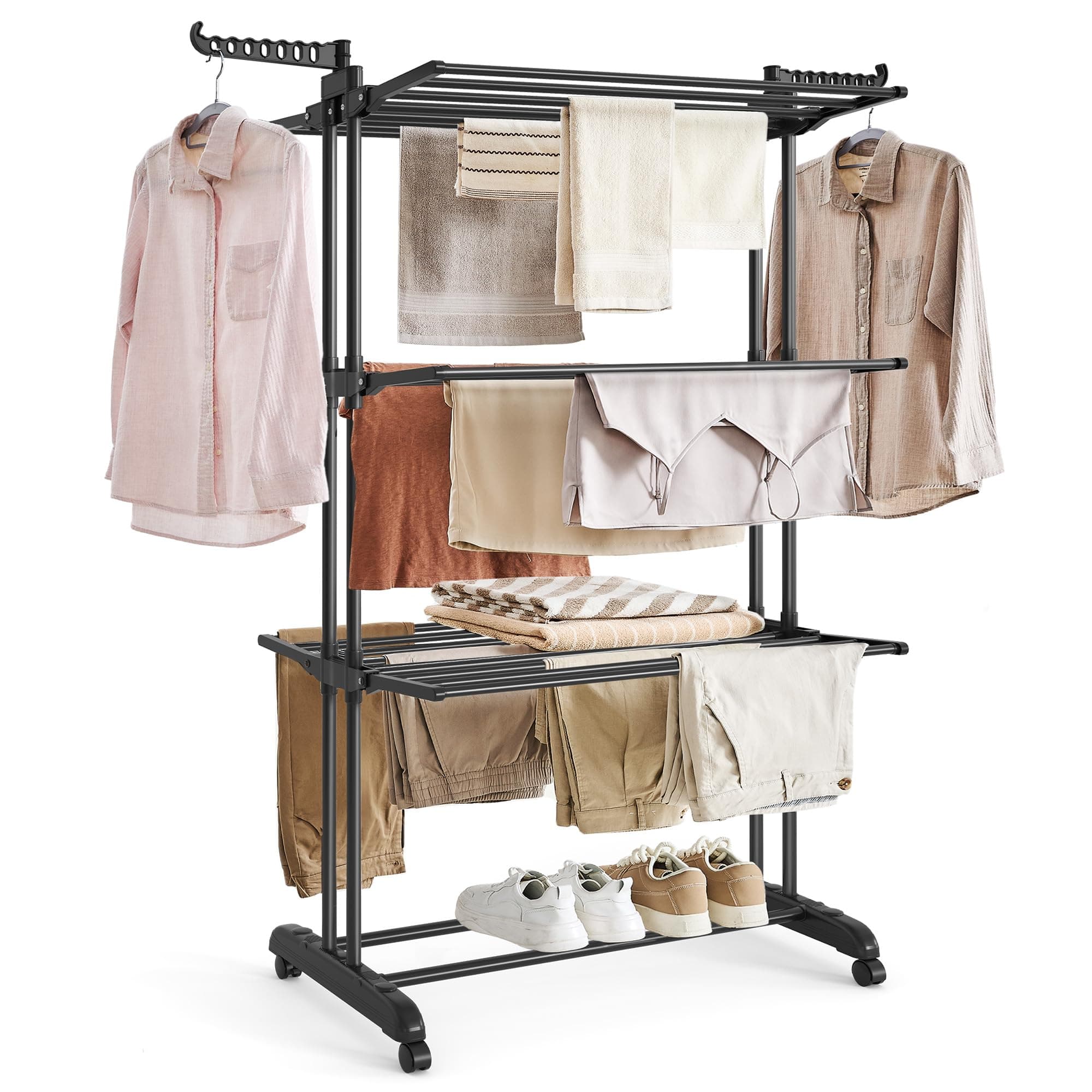 SONGMICS Wäscheständer, Standtrockner 4 Ebenen, Flügelwäscheständer, klappbare Flügel, mit Rollen, 63,5 x 128 x 173 cm, groß, einfacher Aufbau, tintenschwarz LLR701B01 Tintenschwarz Standtrockner Angebot bei HelloDeals