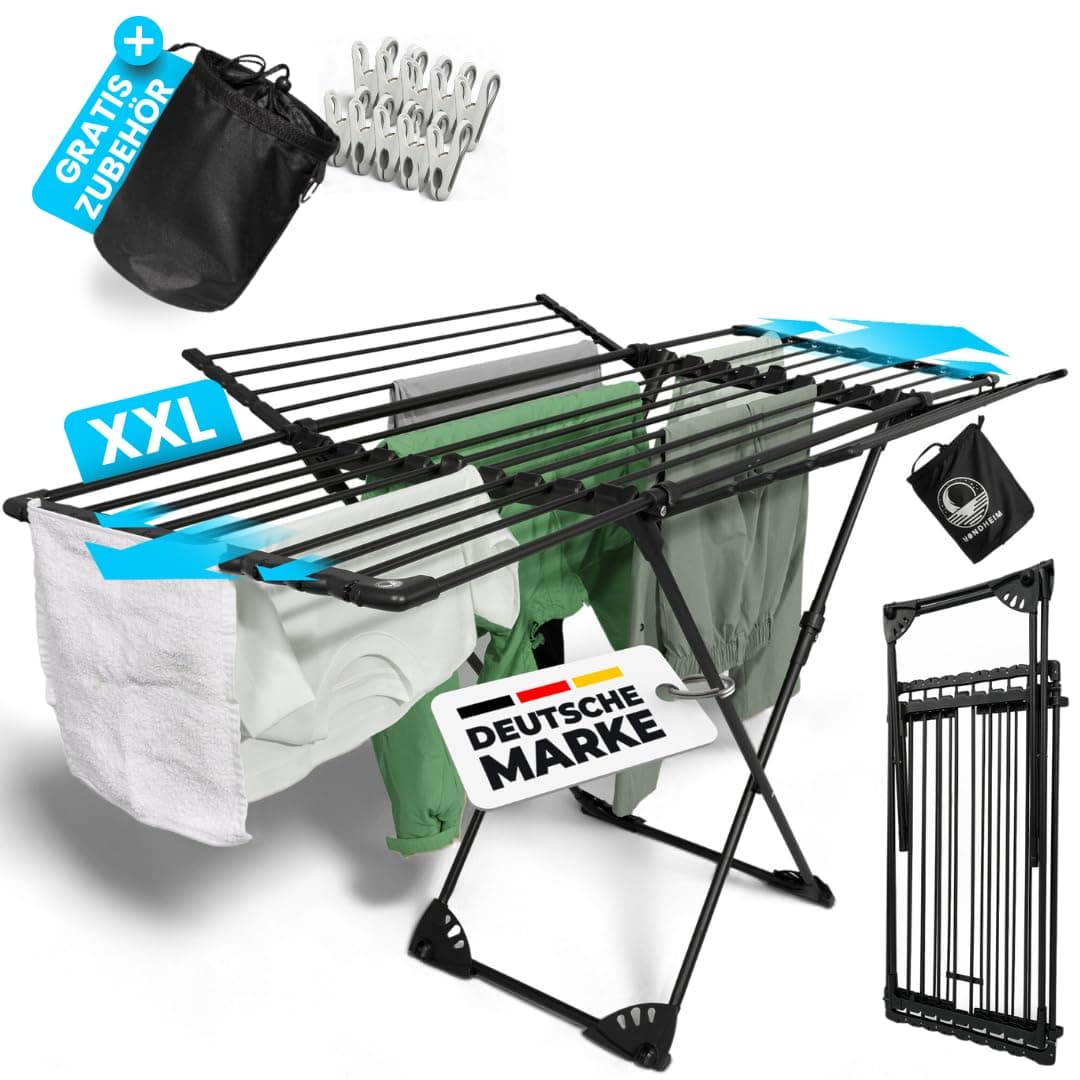 MONDHEIM® Obsidian | XXL Teleskop Wäscheständer 26M TROCKENLÄNGE | abnehmbare Querstrebe | Flügelwäscheständer platzsparend | nutzbar für Balkon oder Terasse Angebot bei HelloDeals