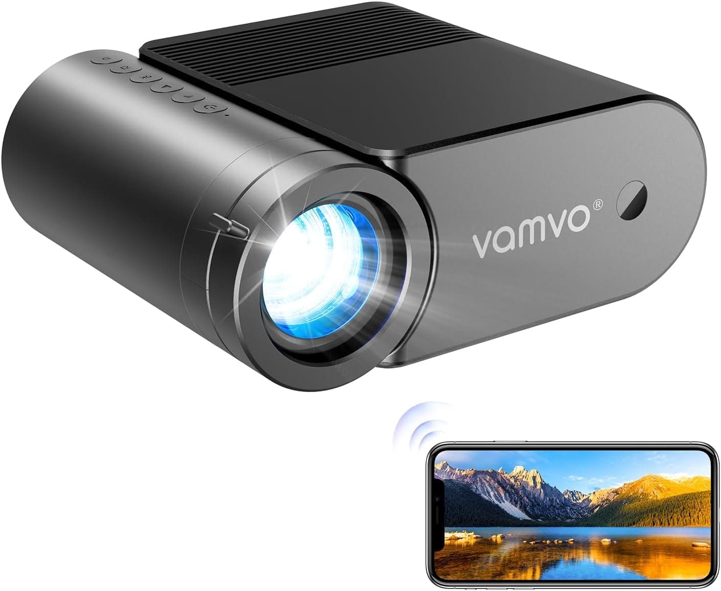 Vamvo Tragbarer Beamer, WiFi Projektor 1080P 200" Tragbarer Filmprojektor, Außenprojektoren mit stilvollem Stromlinienförmigem Design, Kompatibel mit Telefon/Tablet/Laptop/TV Stick Angebot bei HelloDeals
