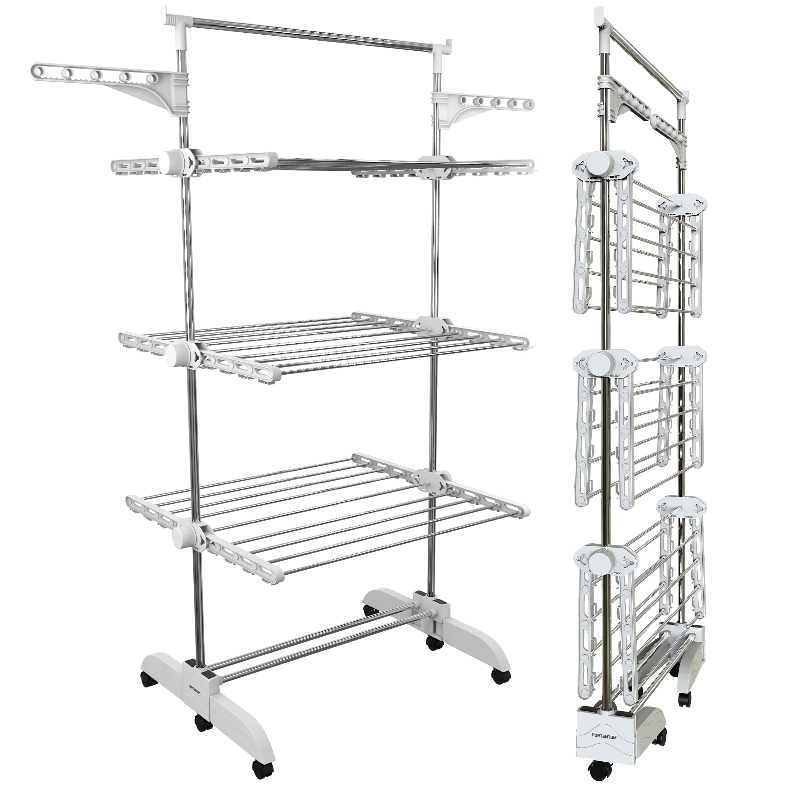 PORTENTUM Wäscheständer Turm klappbar 14 cm mit 5 Ebenen und 58 Haken für Kleiderbügel – Bis 40 kg – ständer mit 24 Edelstahlstangen – Für Innen- und Außenbereich – Rollen mit Feststellbremse Angebot bei HelloDeals