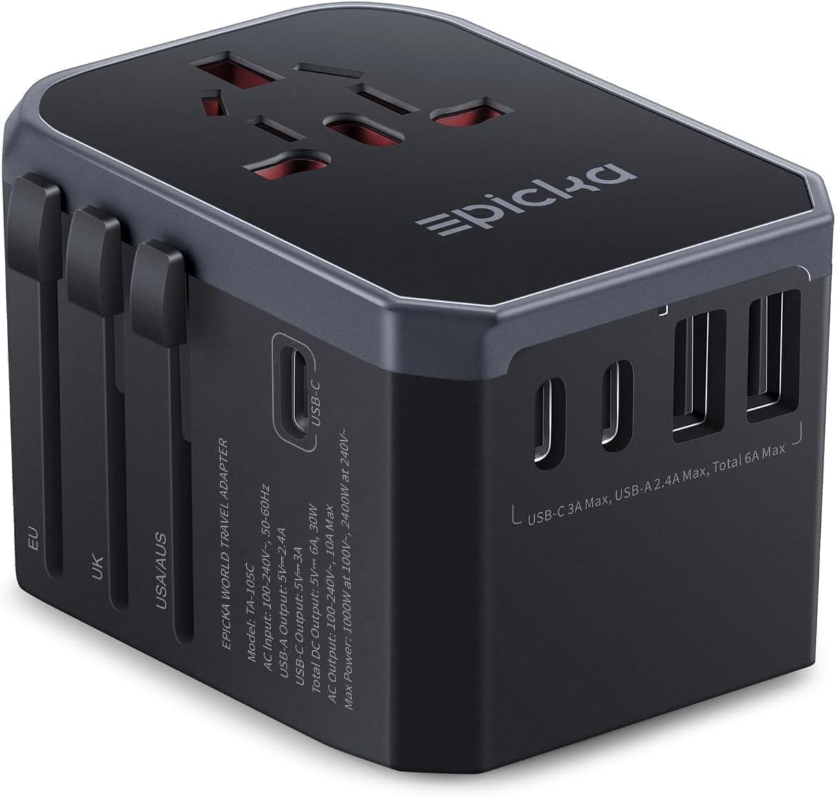 EPICKA Reiseadapter Weltweit, Universal Reisestecker Adapter 30W, Internationaler Steckdosenadapter mit 3 USB-C, 2 USB-A, Travel Adapter für Deutschland USA UK Japan Thailand Australien TA-105C 5 USB(3 USB C)-30W Schwarz Angebot bei HelloDeals