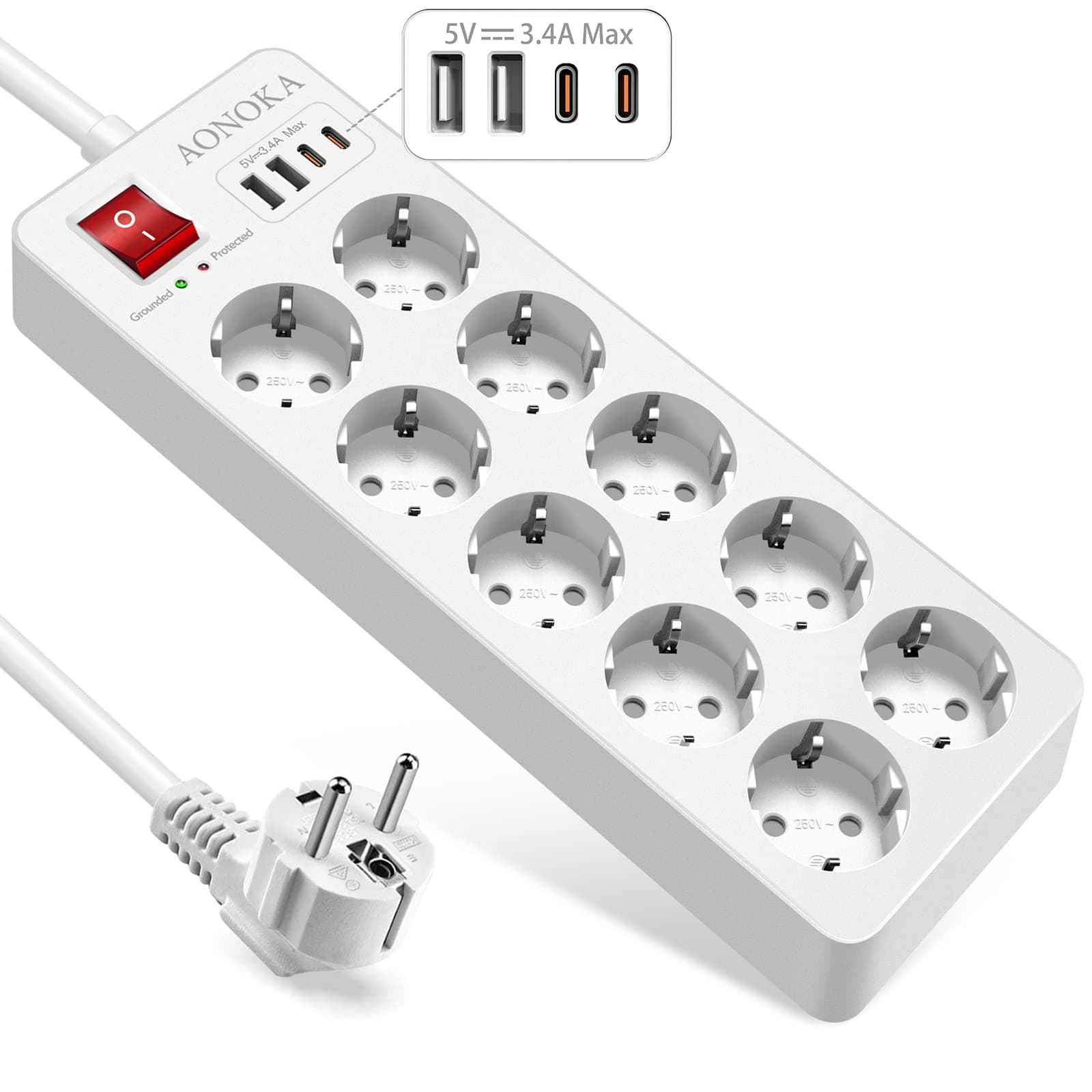 10-Fach Mehrfachsteckdose Überspannungsschutz Bis 1700 Joule, Steckdosenleiste mit USB C, Steckerleiste mit Schalter 4 USB und 10 Steckdosen Wandmontage Verteilersteckdose Schuko Stecker 1.5m,Weiß 10 Fach Weiß Angebot bei HelloDeals