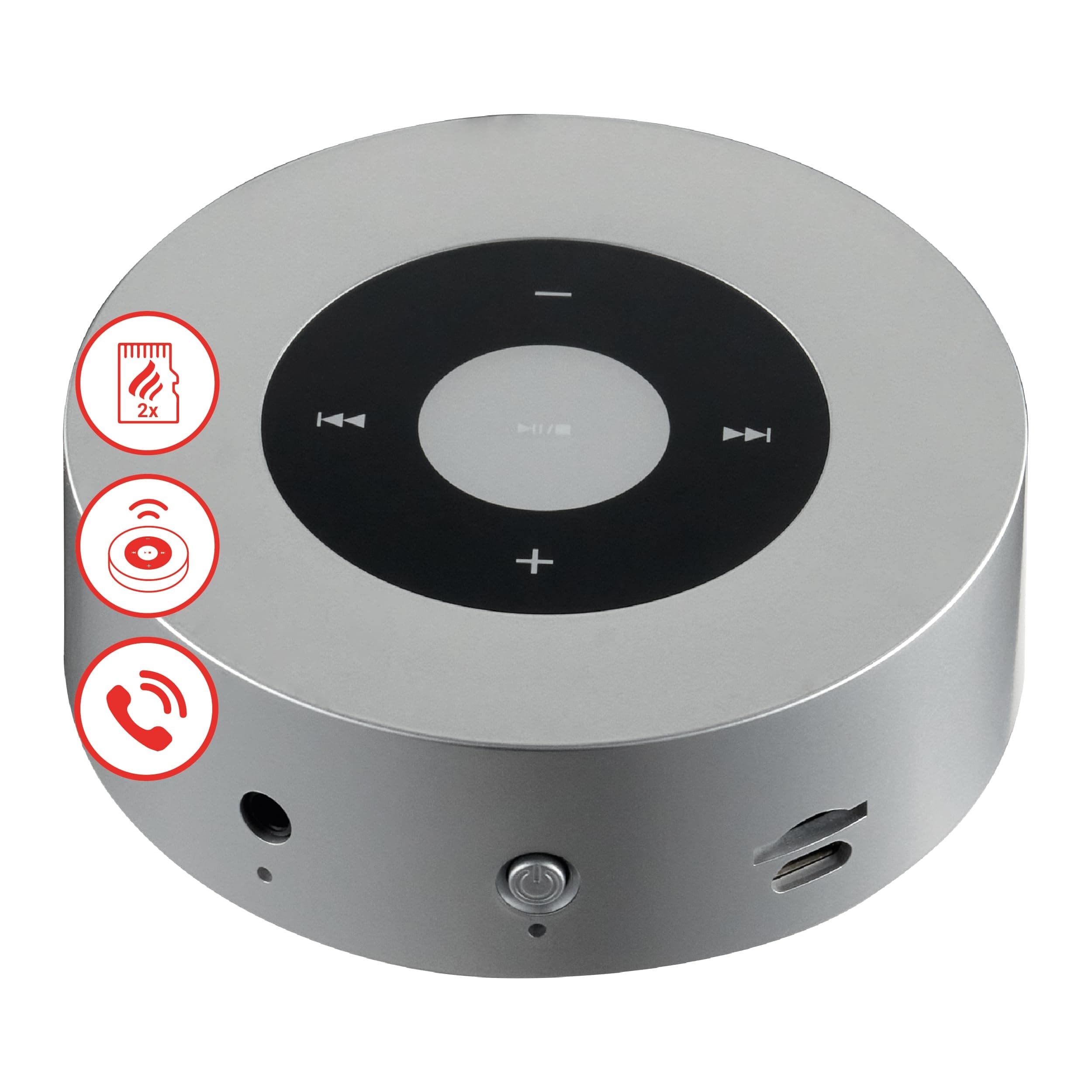 Knister Lautsprecher Moritz - Kraftvolle Soundbox mit Kaminfeuer-Tönen, Bluetooth, AUX, Mikrofon, Akku - Silber Angebot bei HelloDeals