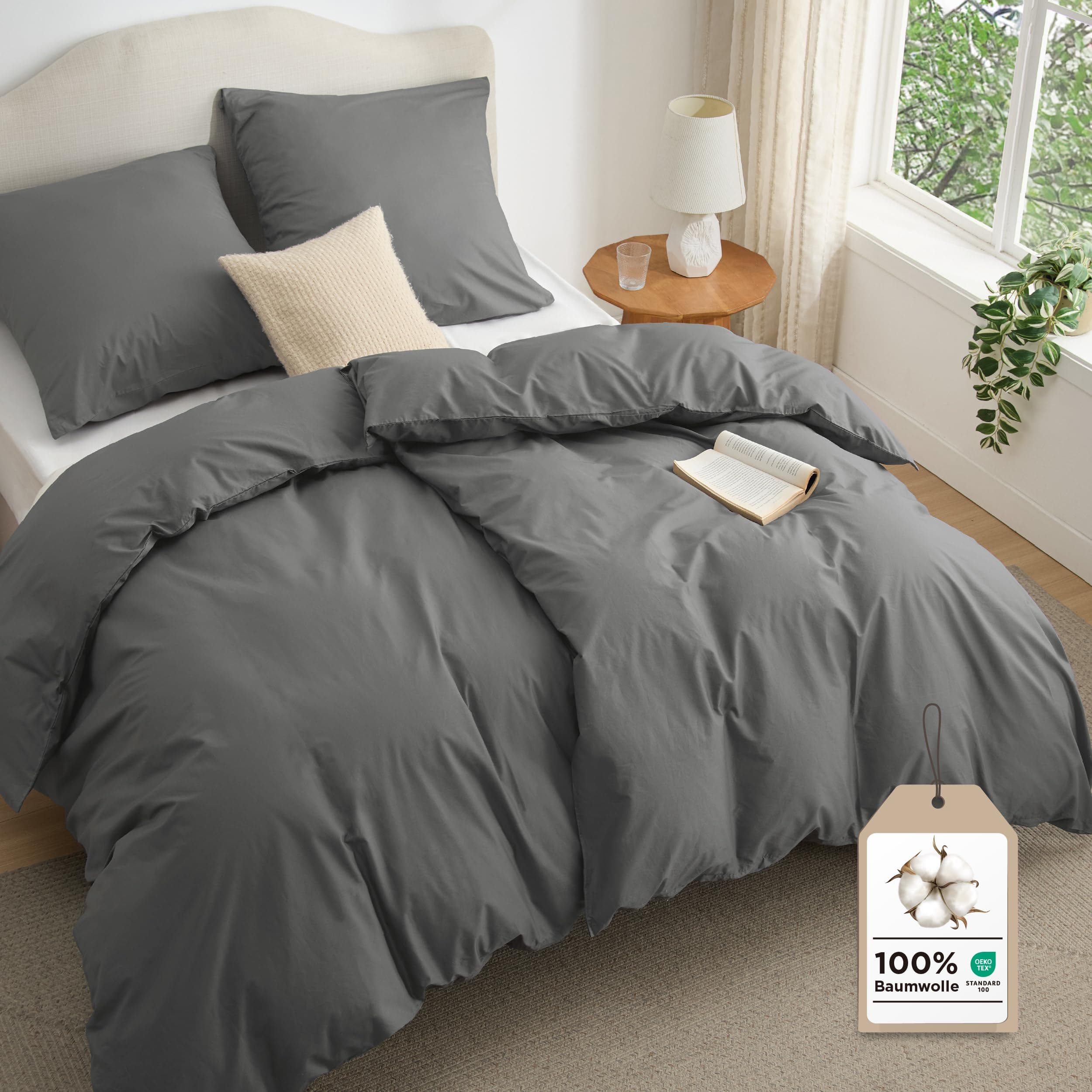 BEDSURE Bettwäsche 135x200 Baumwolle 4teilig - Bettwäsche-Sets Grau Bettbezug 2er Set mit 2 Kissenbezüge 80x80 cm, Oeko-TEX Bedding Anthrazit mit Reißverschluss 135 x 200 cm 4 teilig Anthrazit Angebot bei HelloDeals