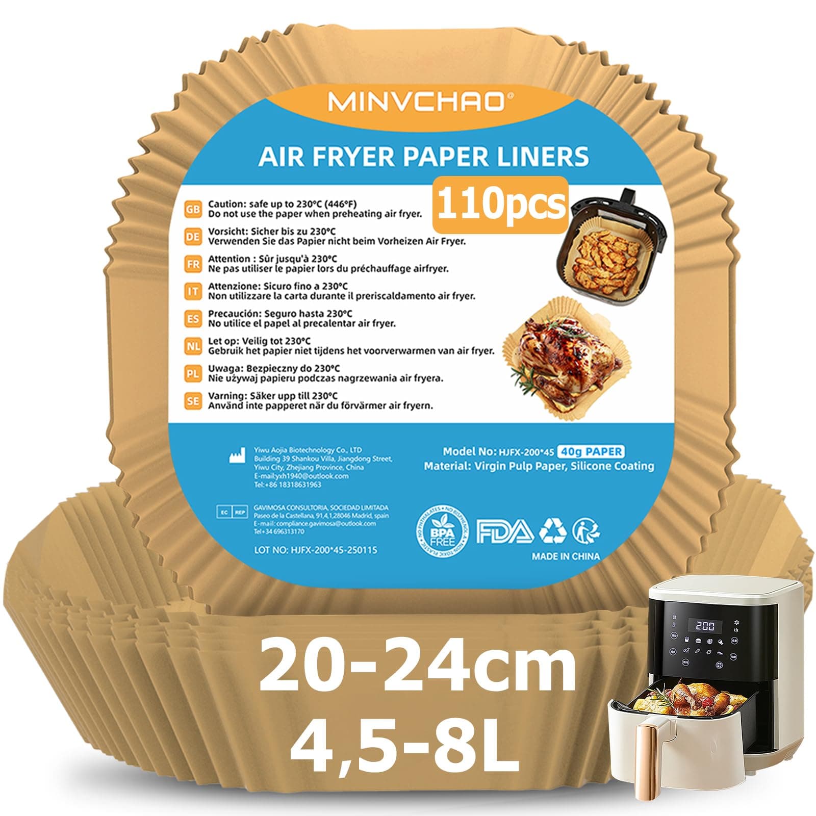 Backpapier für Heißluftfritteuse 4,5L-8L 110 Stück Airfryer Backpapier 20-24cm Für Philips Russell Tefal COSORI Midea XL XXL heißluftfritteuse(Hot Air Fryer) 110 Stück 4,5L-8L Quadrat Angebot bei HelloDeals