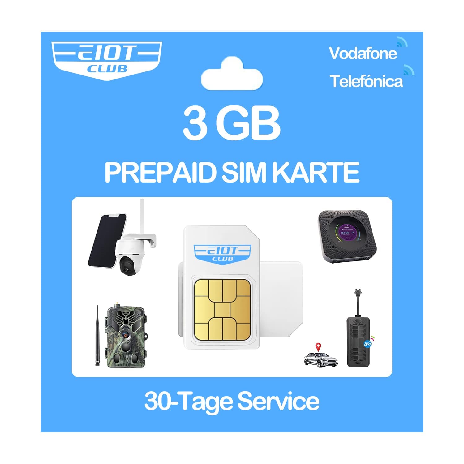 EIOTCLUB Prepaid SIM Karte ohne Vertrag, Kompatibel mit Vodafone & Telefónica Netz, 3GB for 30 Tage, nur Daten, für LTE Überwachungskamera & Wildkamera & GPS-Tracker Angebot bei HelloDeals