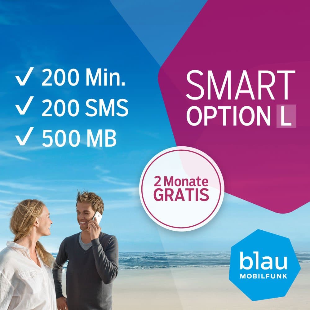 blau Prepaid SIM-Karte mit Smart-Option L 2 Monate gratis (keine Vertragsbindung), 200 Min./200 SMS/500 MB Highspeed-Internet, 25 Euro für Handynummern-Mitnahme Angebot bei HelloDeals