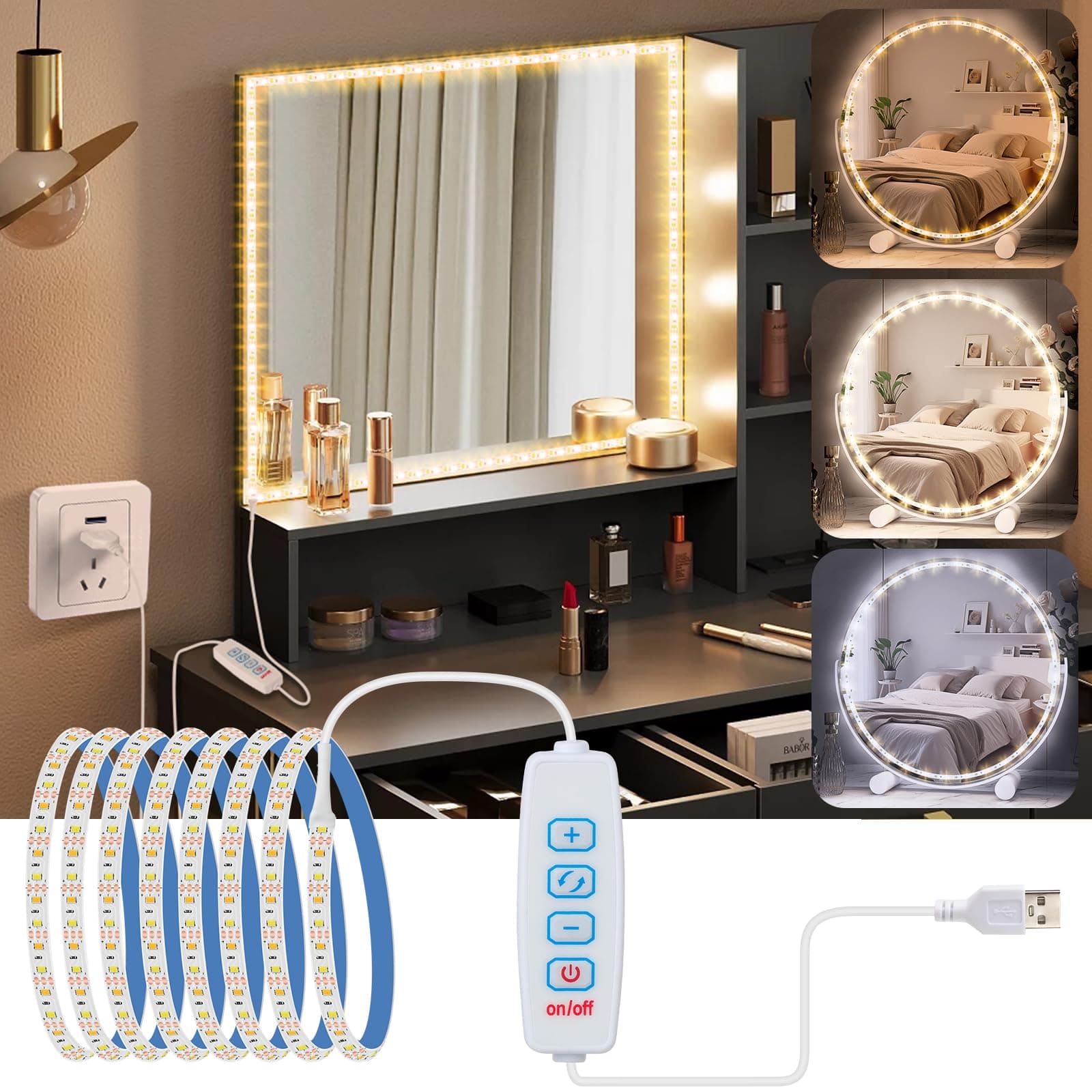 LED Spiegelleuchte, Schminktisch Leuchte, Make Up Licht, Schminkleuchte, Makeup Lampe, 3 Farben und 9 Dimmerstufen,6,5ft/2Meter Angebot bei HelloDeals