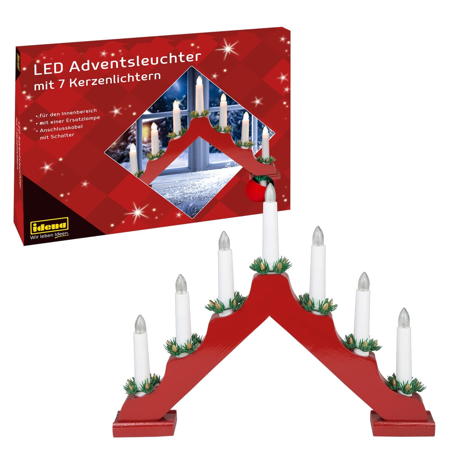 Idena 31604 - LED Adventsleuchter mit 7 LED Kerzenlichtern in Warmweiß, Schwibbogen aus rot lackiertem Holz, mit Ersatzlampe und Schalter, Deko für Innen, als Winter-, Advents- und Weihnachtsdeko Rot, Inkl. Ersatzlampe Angebot bei HelloDeals