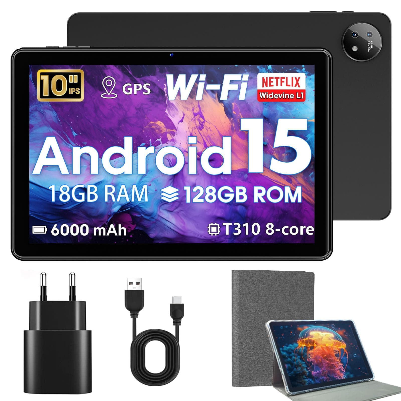 Tablet 10 Zoll mit Hülle, Android 15-Tablets,18GB RAM+128GB ROM 1TB Erweiterbar,Widevine L1-kompatibles Octa-Core Tablett mit WiFi 5,HD IPS Touchscreen,6000 mAh,T310-CPU,5MP+8MP Doppelkamera Angebot bei HelloDeals
