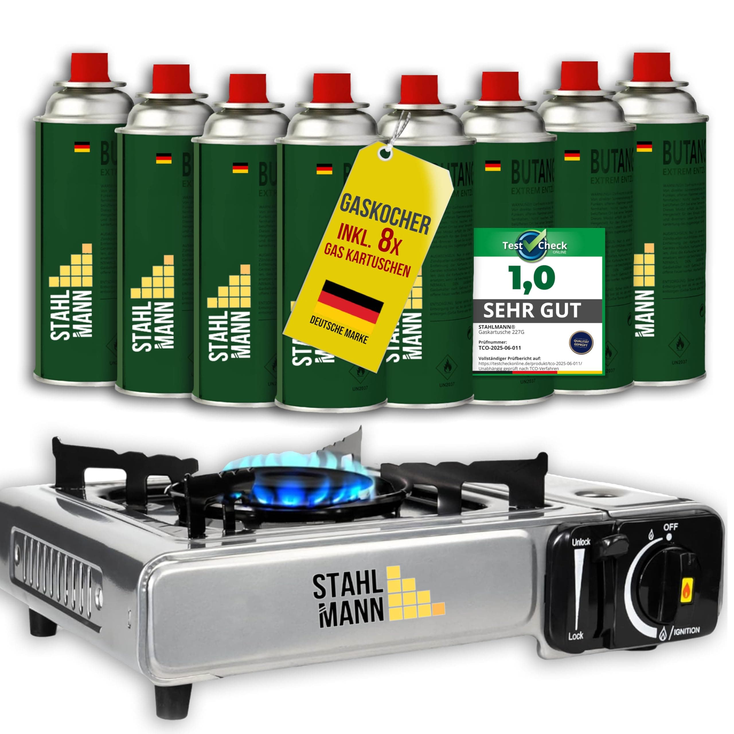 STAHLMANN® Gaskocher inkl. 8 Kartuschen - Campingkocher mit Piezozündung - Camping Gaskocher stufenlos regulierbar - Gaskocher Camping 1-Flammig Angebot bei HelloDeals