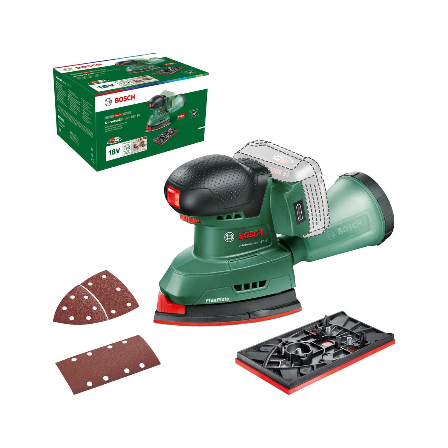 Bosch Akku-Schleifer UniversalSander 18V-10 (ohne Akku; 18 Volt System; für die DIY-Holzbearbeitung; 2x Schleifpapier; im Karton) 18V-10 | ohne Akku Angebot bei HelloDeals