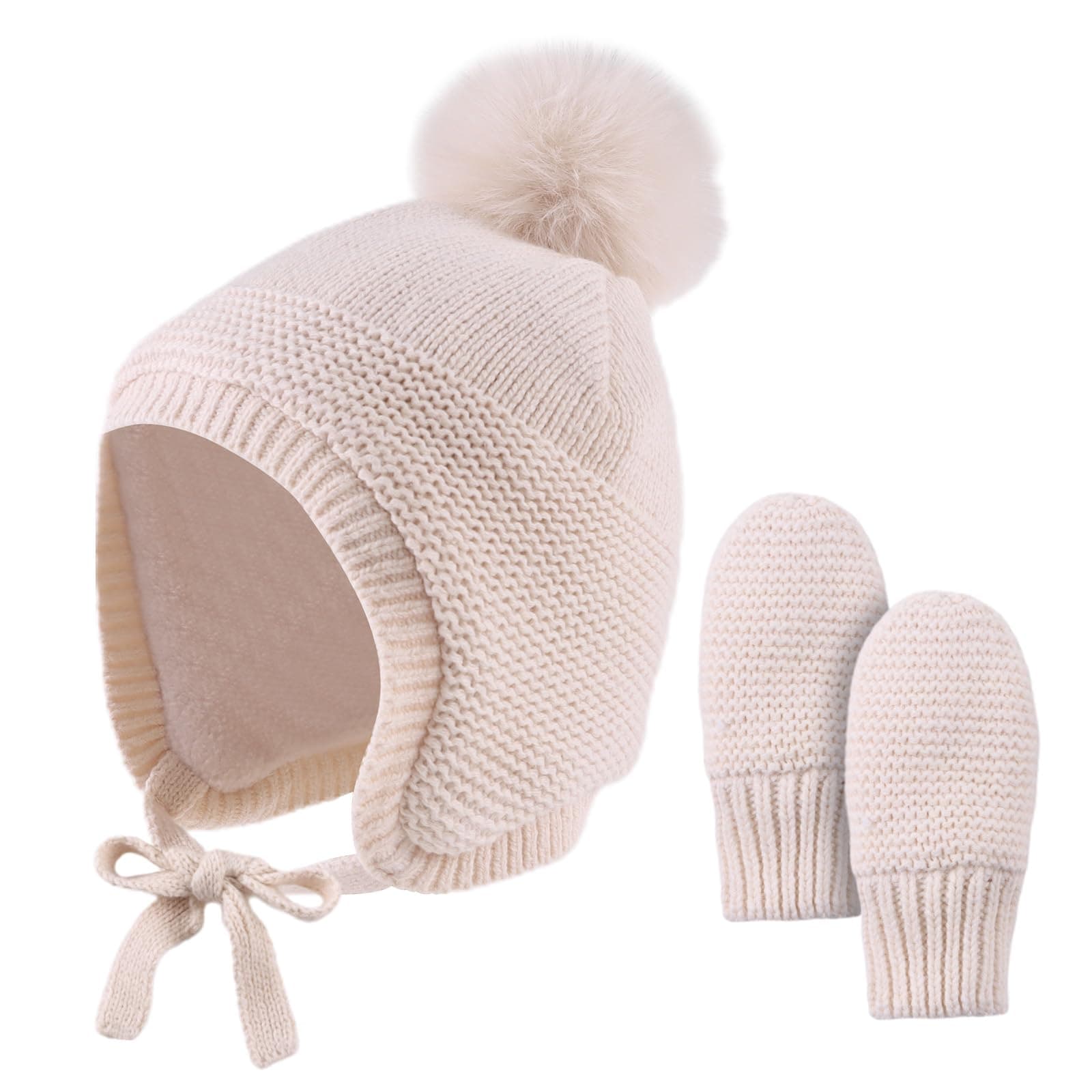 Baby Wintermütze mit Ohren Warme Babymütze Baby Mädchen Jungen Winter Baby Mütze Handschuhe Ohrenklappen Mütze mit Fleece Beige(Hut+Fäustling) 6-24 Monate Angebot bei HelloDeals