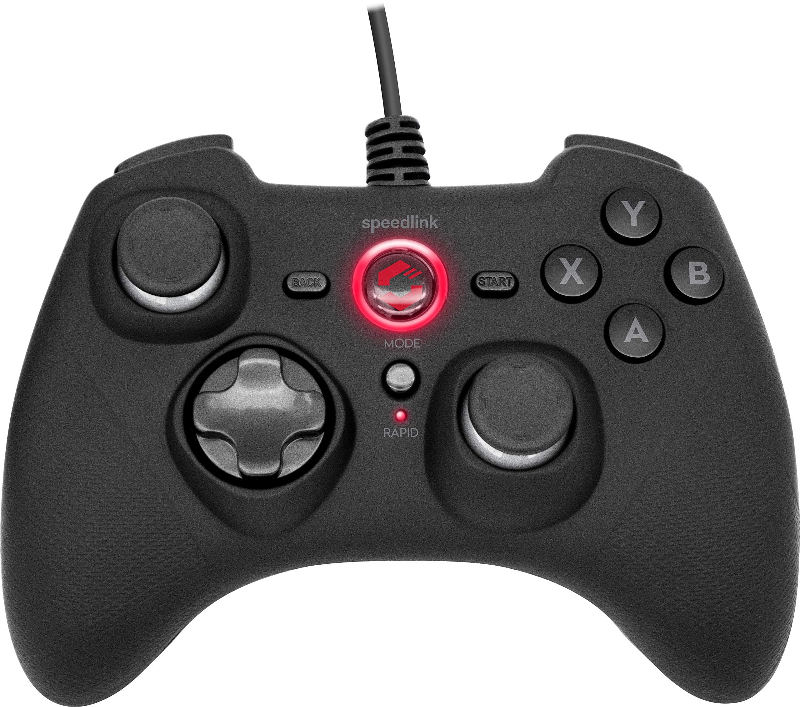 Speedlink RAIT Gamepad kabelgebunden – Gaming PC Controller mit Kabel, Vibrationsfunktion, Dauerfeuer Funktion, für PC, PS3, Switch, gummierte Oberfläche, schwarz Angebot bei HelloDeals