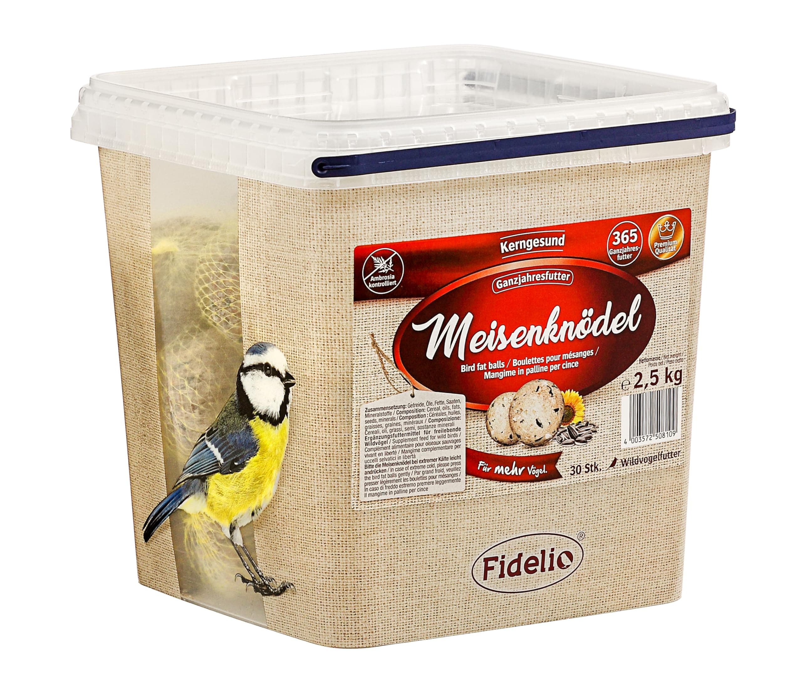 Fidelio Meisenknödel mit Netz, ganzjähriges Wildvogelfutter proteinreich / energiereich, hochwertiges Vogelfutter für Wildvögel, 30 Stück im Eimer, 2.5 kg Geschmacklos 2.5 kg (1er Pack) Angebot bei HelloDeals