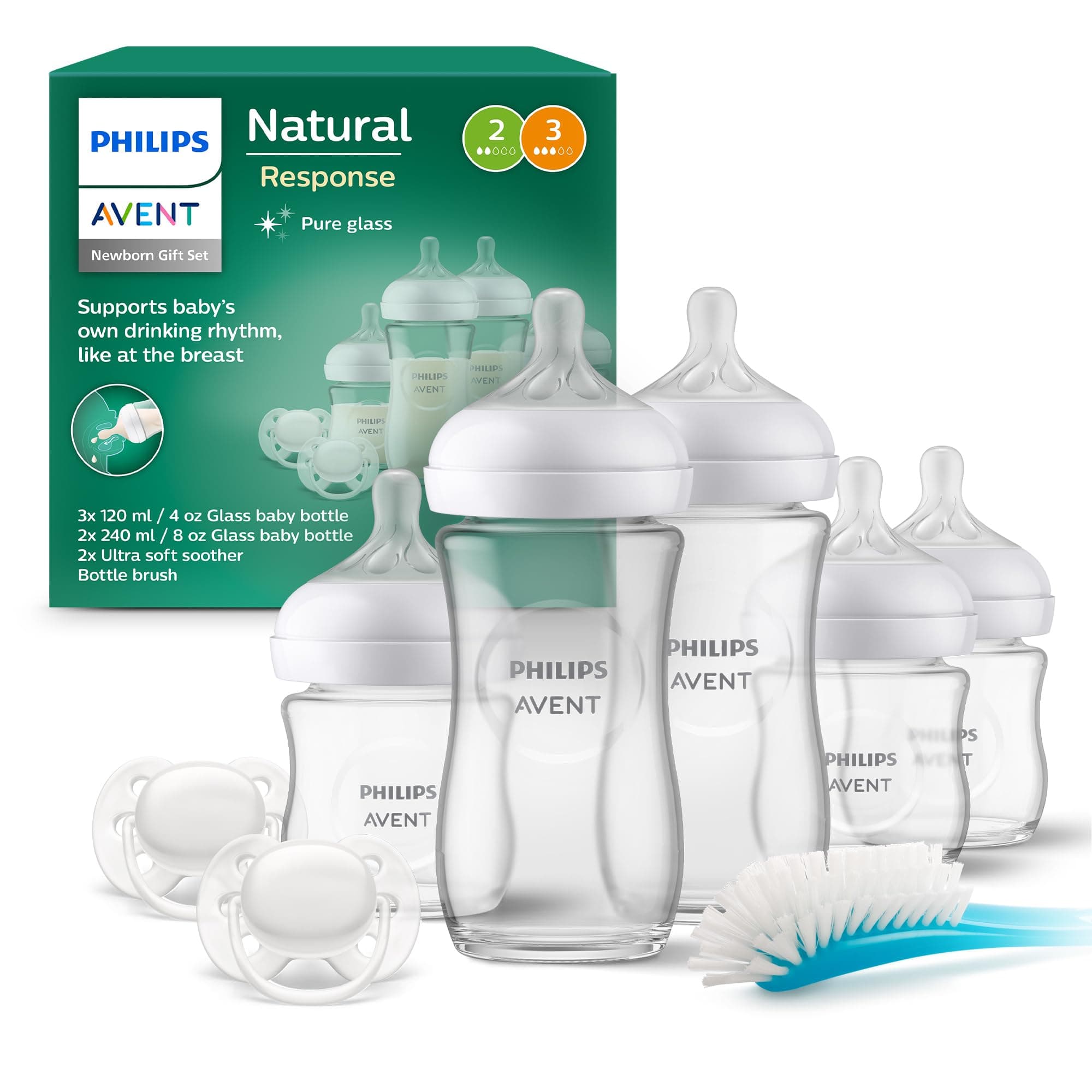 Philips AVENT Natural Response Glas-Geschenkset für Neugeborene – 3 x 120 ml und 2 x 240 ml Babyflaschen, 2 x ultra soft Schnuller 0–6 Monate, Flaschenbürste, BPA-frei (Modell SCD879/11) Starter Set SCD879/11 Single Angebot bei HelloDeals