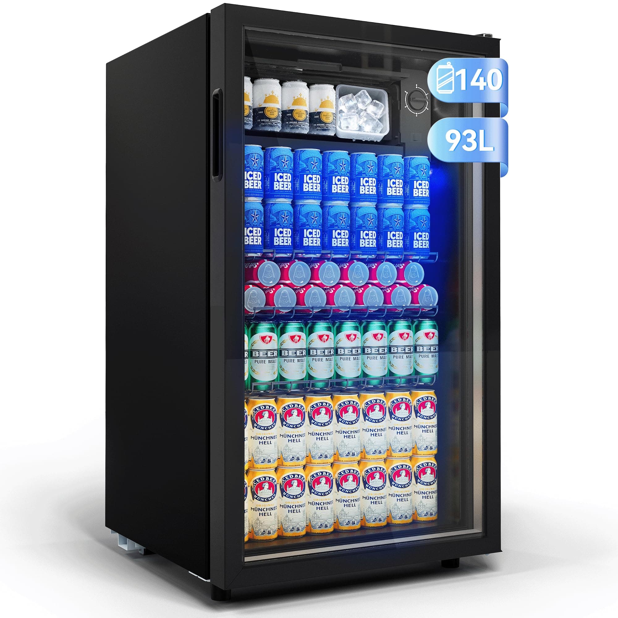 93L Getränkekühlschrank,Mini-Kühlschrank für 140 Dosen, mit Glastür kleiner Kühlschrank,LED | 3 Verstellbare Ablageböden für Soda/Bier/Wein | Perfekt für Homebar, Partys, Gastronomie Angebot bei HelloDeals