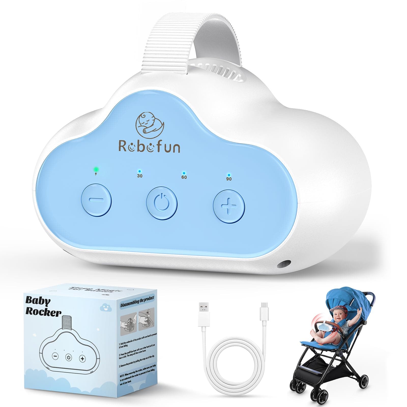 Kinderwagenschaukler, Einschlafhilfe Baby Wiederaufladbar (USB-C), Schlafhilfe Für Baby Mit 30, 60, 90 Min Timer, 3 Einstellbare Schaukelintensitäten, Universell Für Kinderwagen & Buggy Blau Angebot bei HelloDeals
