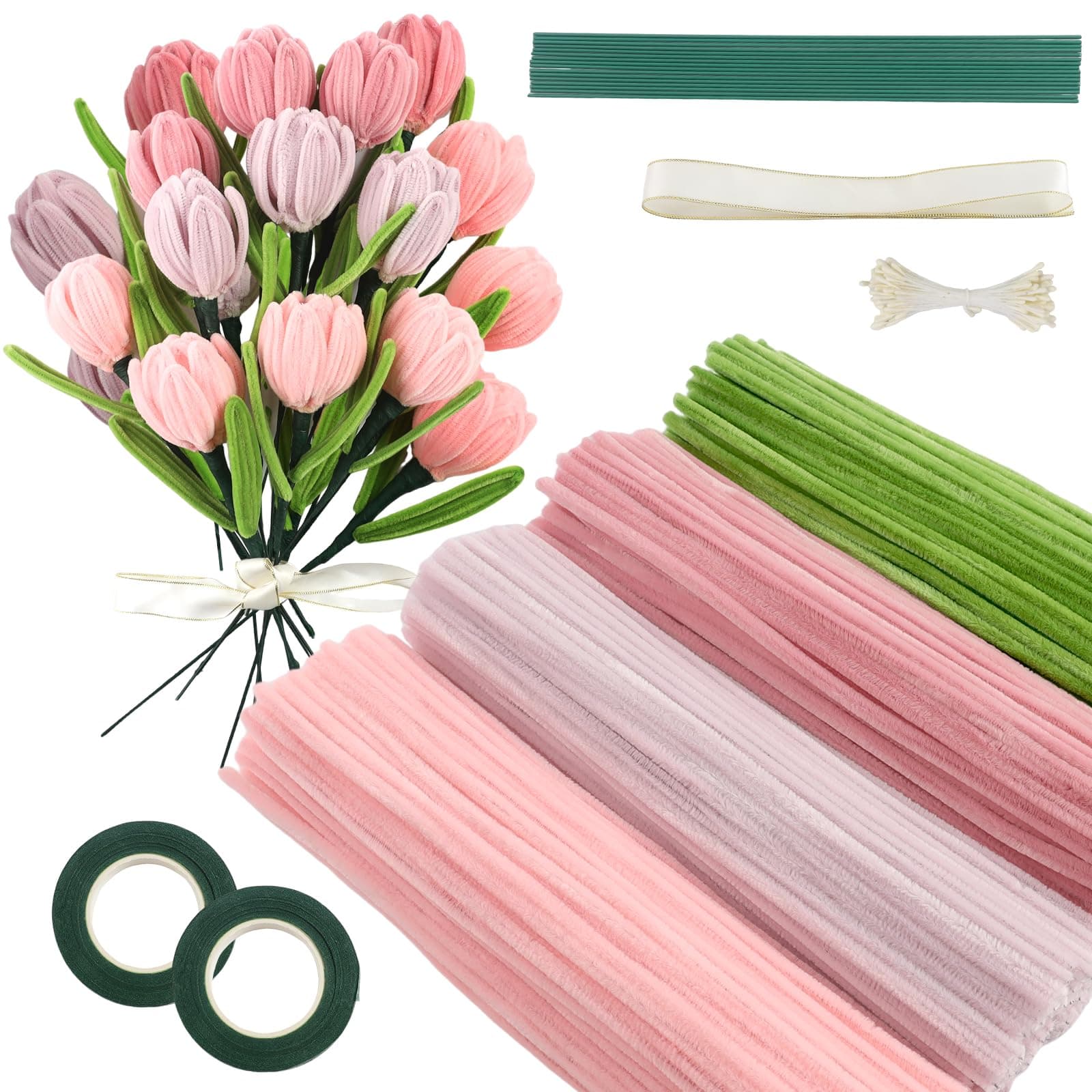 Rosa Tulip Bouquet Pfeifenreiniger Set, 400 Stück Pfeifenputzer zum Basteln 4 Farben Pipe Cleaner mit 20 Stück Grünem Bastelfaden, Geschenkband, Klebeband(Dunkelrosa, Mittelrosa, Hellrosa) Angebot bei HelloDeals