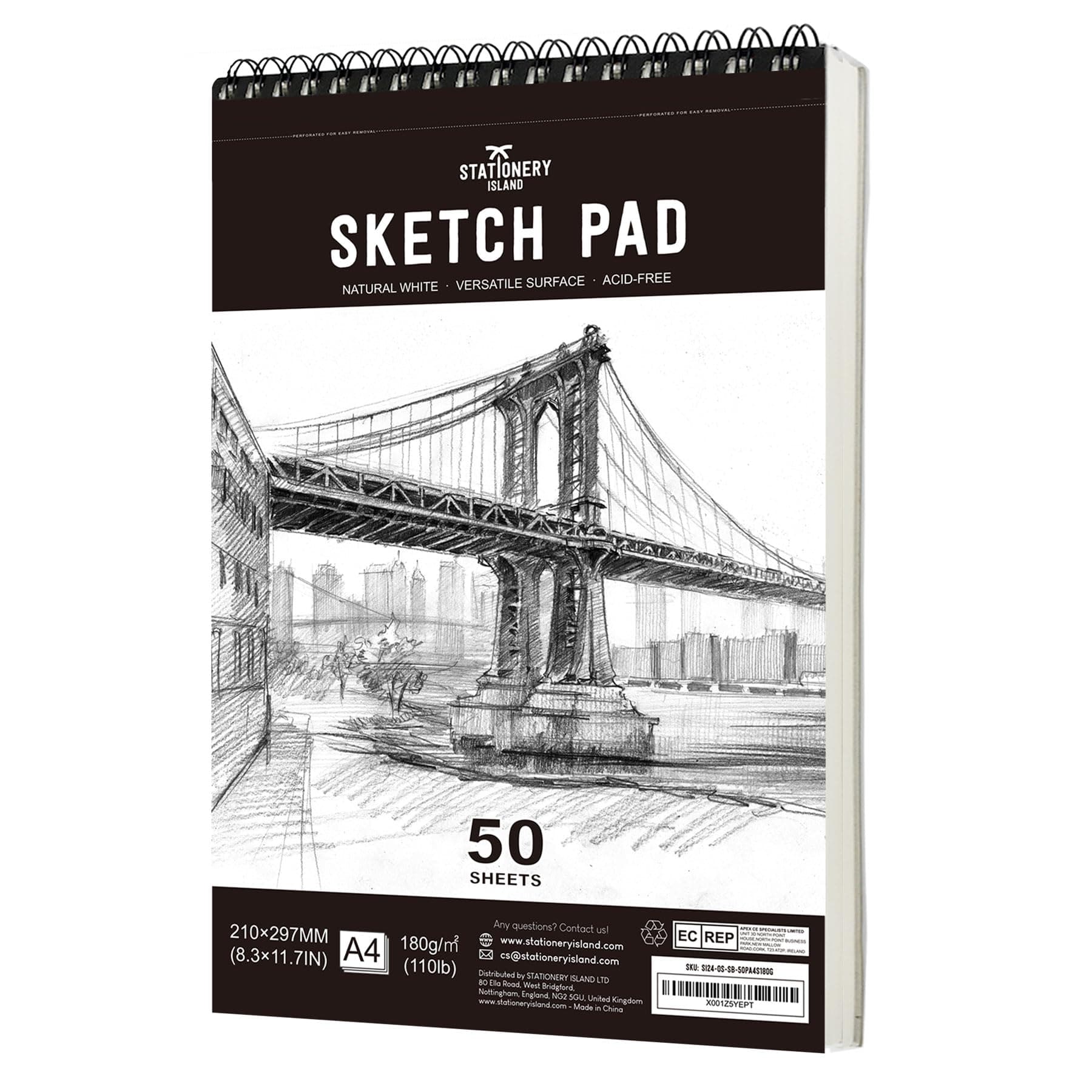 STATIONERY ISLAND Skizzenbuch, A4 Zeichenblock 180 g/m² Dickes Papier, 100 Seiten / 50 Bögen Spiralgebundenes DIN Sketchbook 1 Packungen Angebot bei HelloDeals