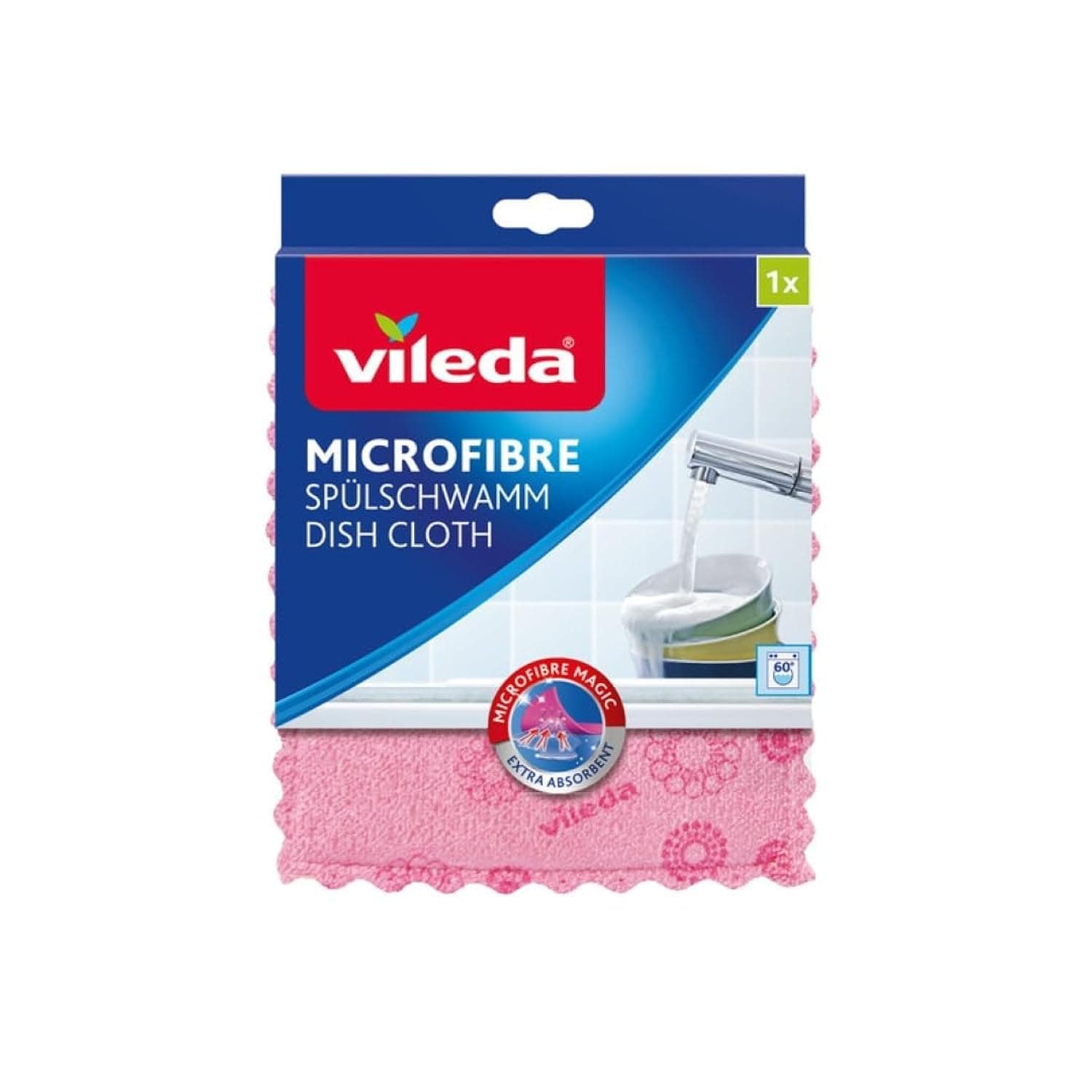 Vileda Microfaser Spülschwamm, im quadratisch praktischen Format, hohe Saugfähigkeit und Schmutzaufnahme, in 4 trendigen Farben und Mustern, 1er Pack Angebot bei HelloDeals