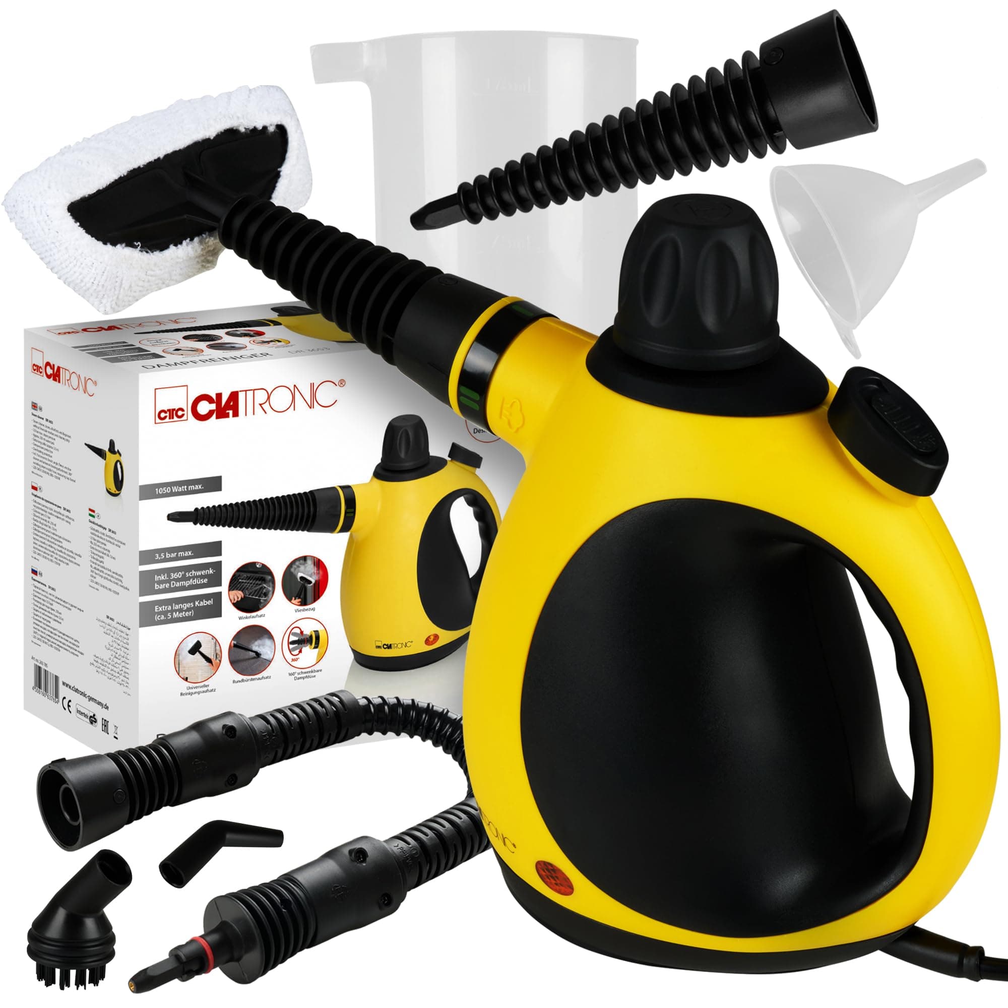 Clatronic® Dampfreiniger | entfernt Fett, Schmutz, Verunreinigungen | für Auto, Küche, Bad, Polster | chemiefrei | Steam Cleaner | 360° Dampfdüse | Handgerät mit 5 m Kabel & Zubehör | DR 3653 Angebot bei HelloDeals