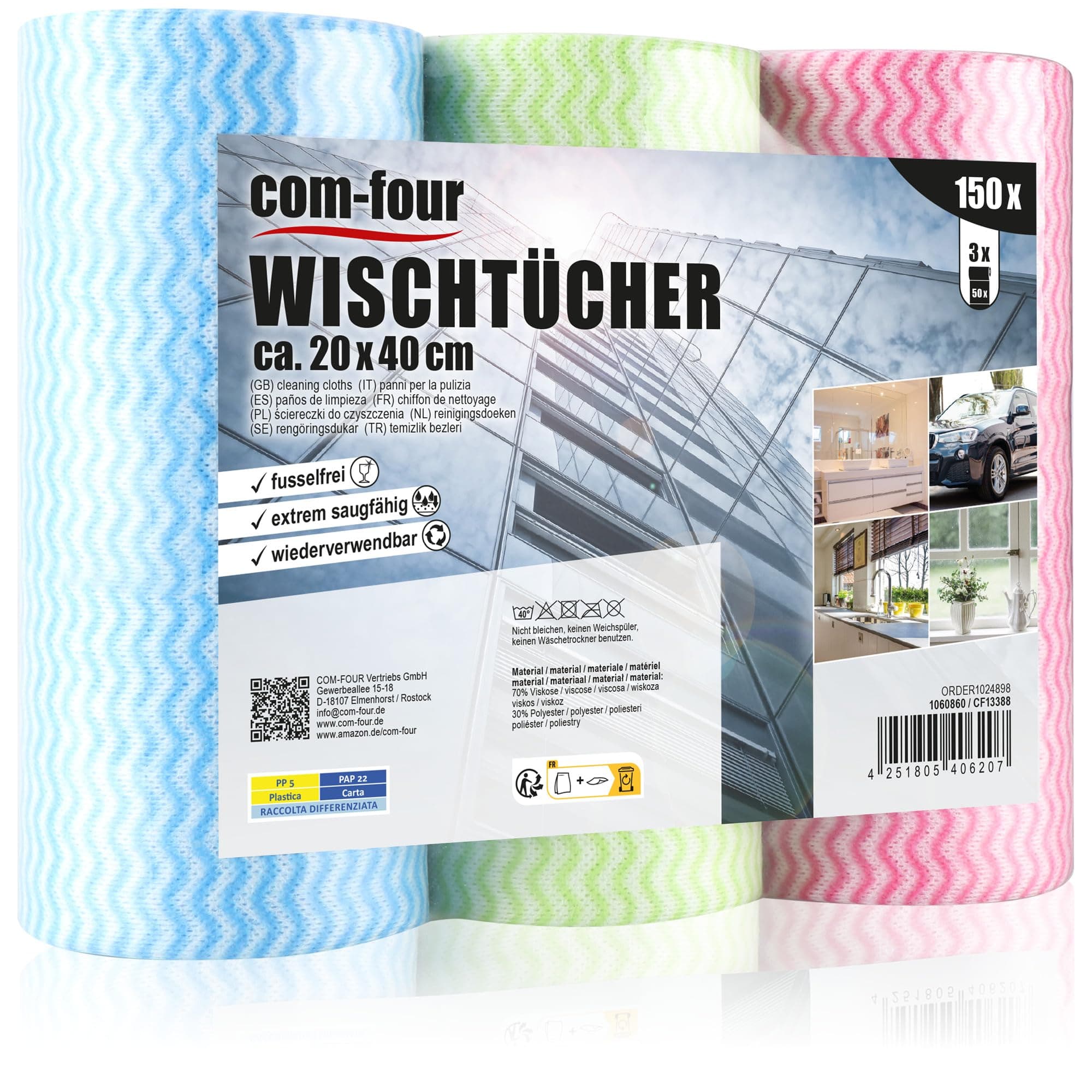 com-four® 150x Putztücher auf Rolle - Reinigungstücher für Küche, Bad und Haushalt - Mehrzweck-Lappen in 3 Farben - Putzlappen (0150 Blatt - 20x40cm - 3 Farben) Angebot bei HelloDeals
