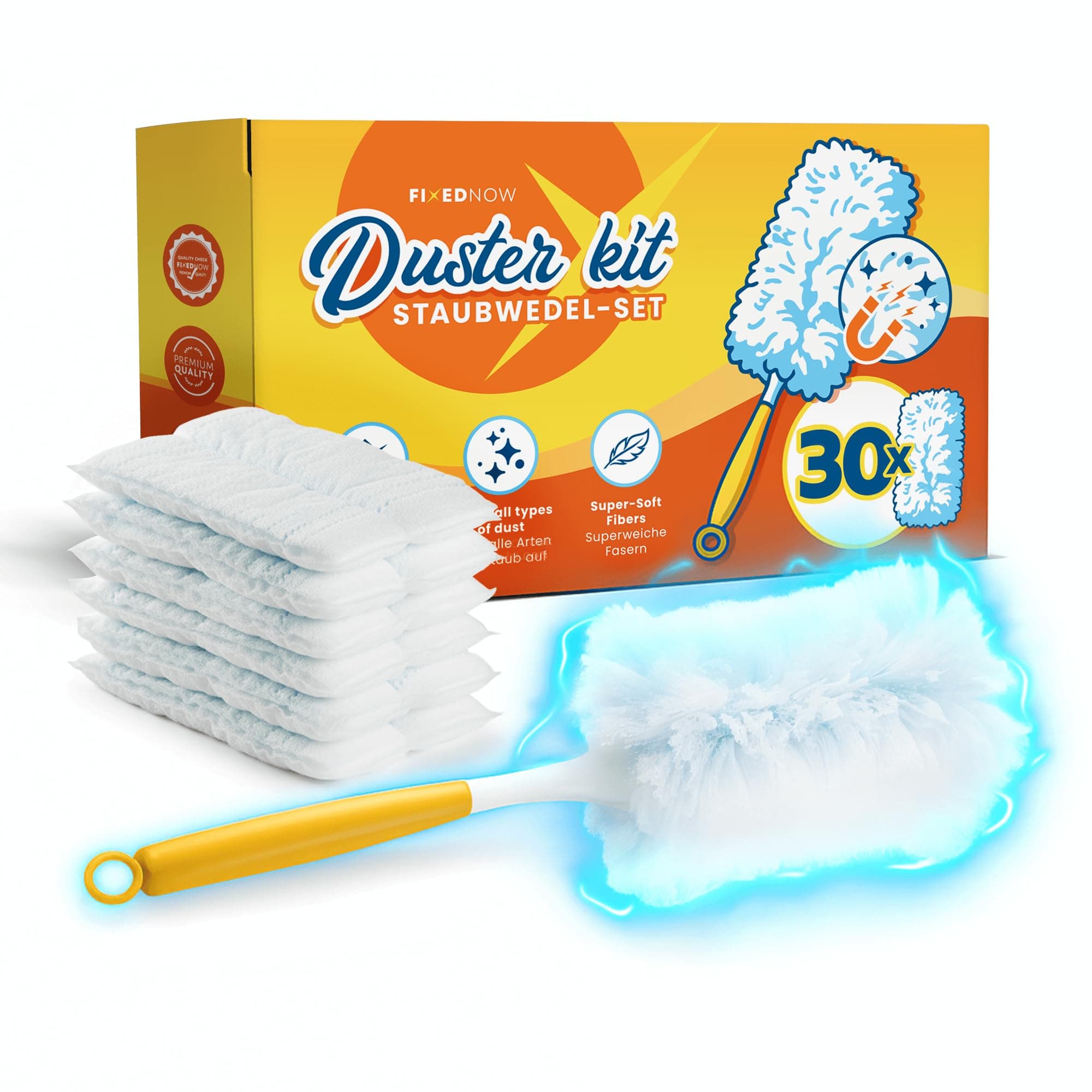 30er XXL Staubmagnet Nachfüllpack Tücher, Ersatz für Swiffer Duster | Staubwedel Set mit Stiel für Trockene Reinigung | Nachfüller Wischer für Haushalt & Auto Angebot bei HelloDeals