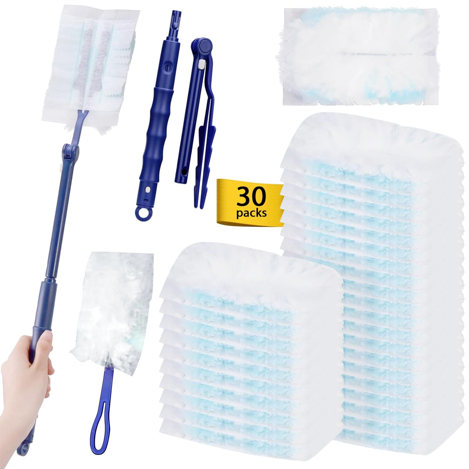 30 Stück Staubmagnet Nachfüllpack Set mit 1 Handgriff und 1 Teleskopstange, Staubwedel Duster Tücher, Staubtücher Reinigungsstaub Staubtuch Nachfüllung, für Tierhaare, Staub, Schmutz Blue, White Angebot bei HelloDeals
