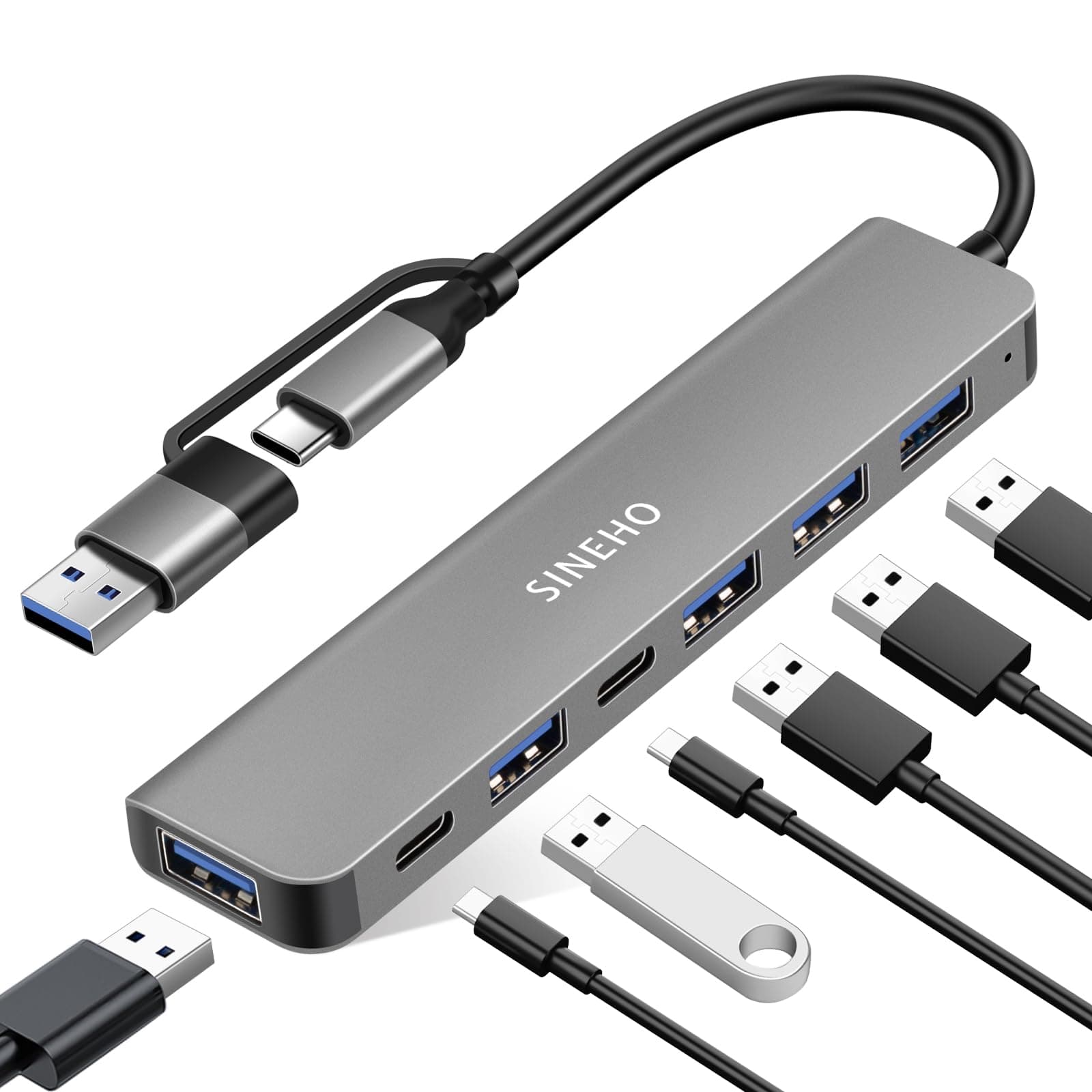 7-in-1 Dual USB Hub, Multiport Adapter mit USB 3.0, 4X USB2.0, Dual USB-C Datenports für Laptops, PC, Typ-C Geräte Angebot bei HelloDeals