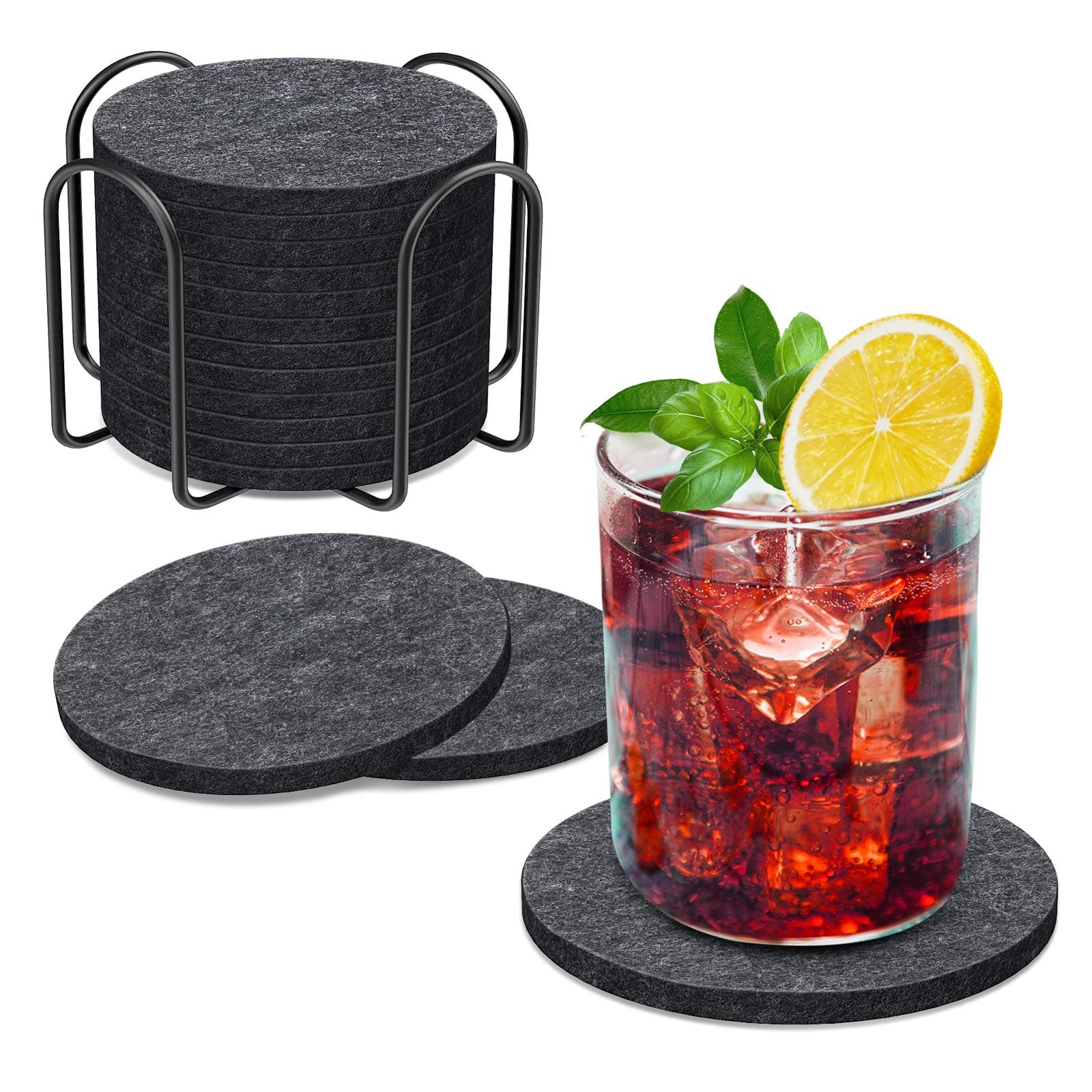BOENFU Untersetzer Gläser Filz Untersetzer Rund 12er Set 10cm Bierdeckel Glasuntersetzer mit Halter für Getränke, Zuhause Restaurant Büro und Bar Dunkelgrau Angebot bei HelloDeals