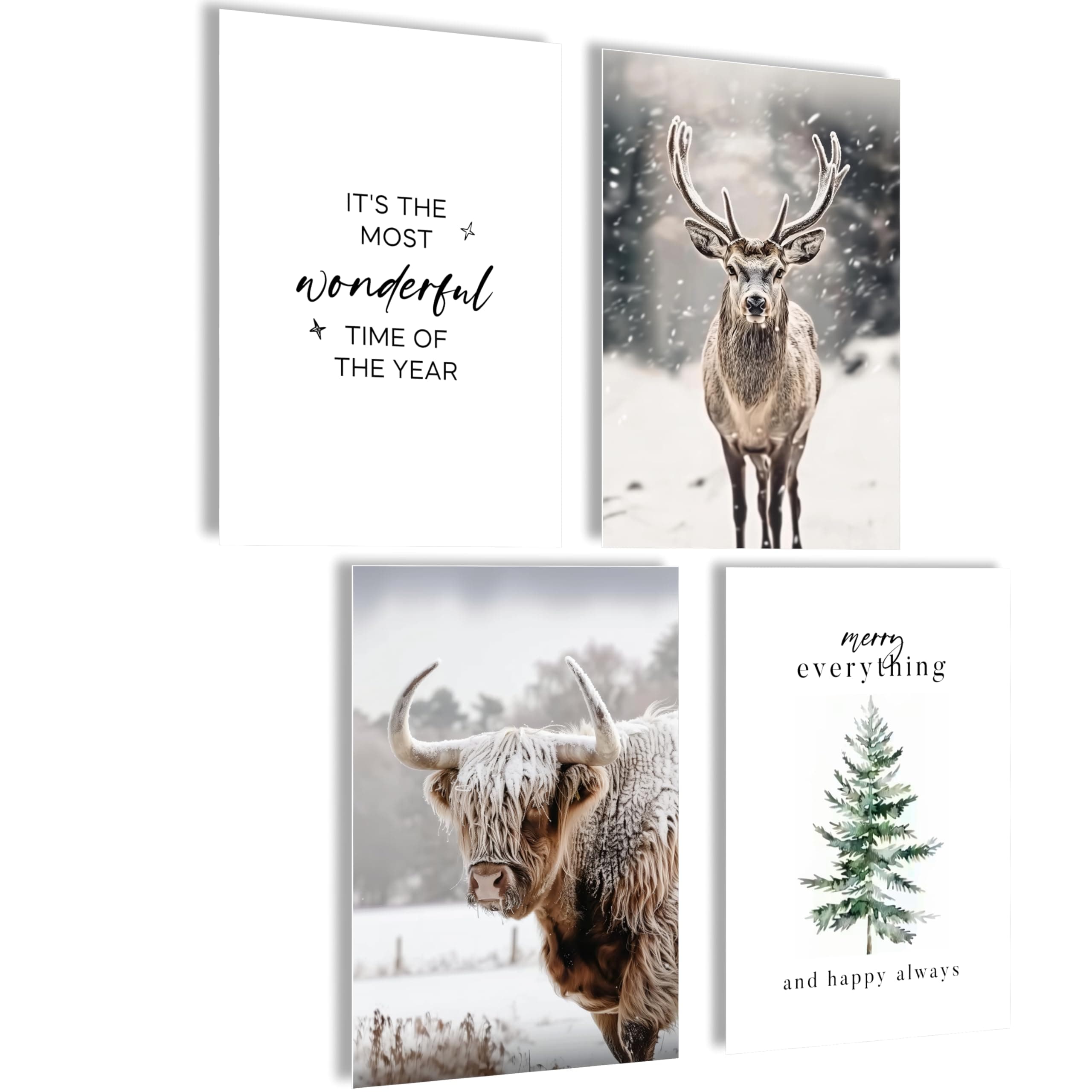 mojoliving Winter Poster Set 4er Set Wandbilder Hirsch Hochlandrind Tannenbaum Sprüche A4 Kunstdrucke Skandi Stil Weihnachten Deko Wohnzimmer Flur Café Happy Angebot bei HelloDeals