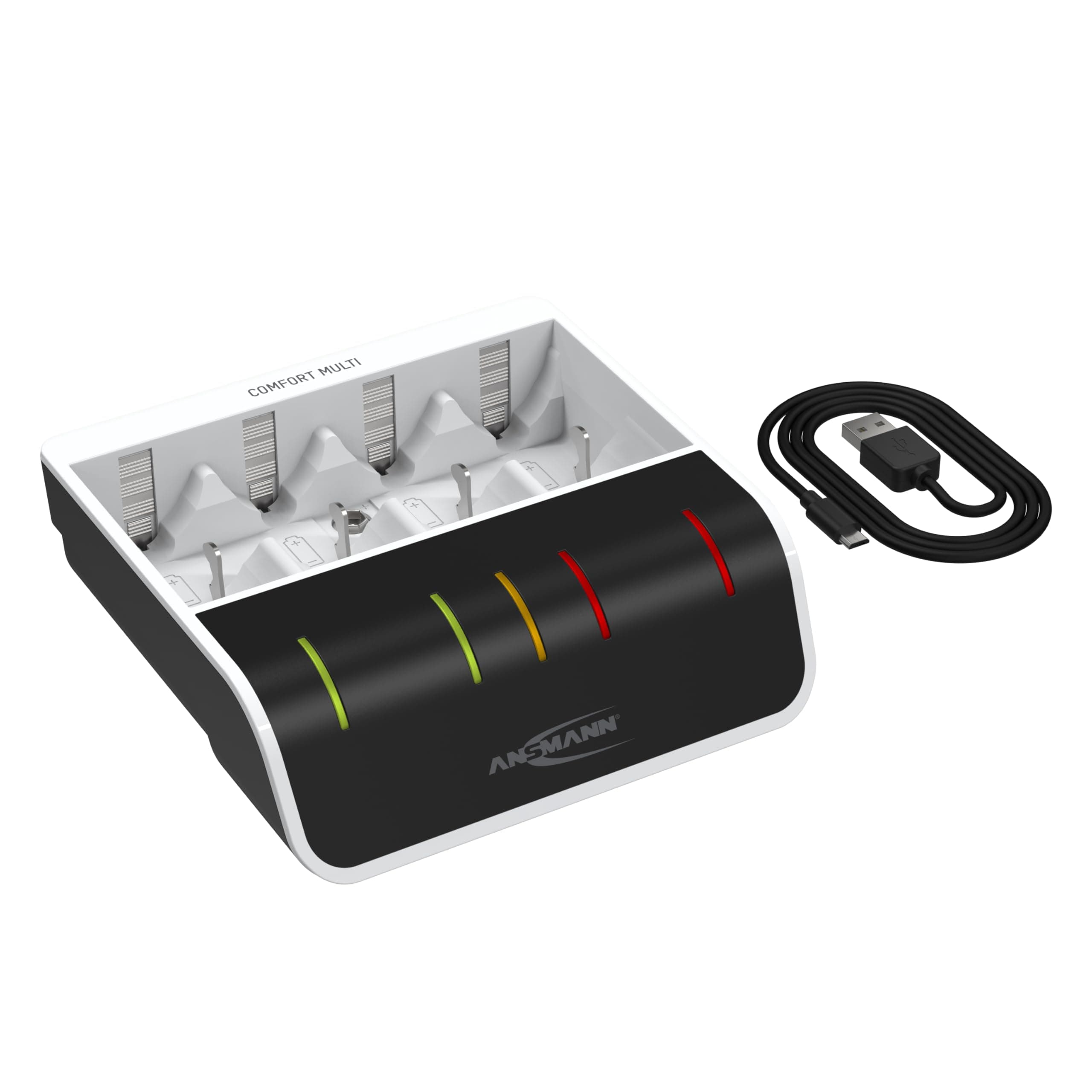 ANSMANN Akku Ladegerät NiMH für 4X AAA AA C D und 1x 9V, intelligentes Laden, USB-Eingang, Schnelladen, Entladefunkton, LED-Anzeige Comfort Multi Ladegerät Angebot bei HelloDeals