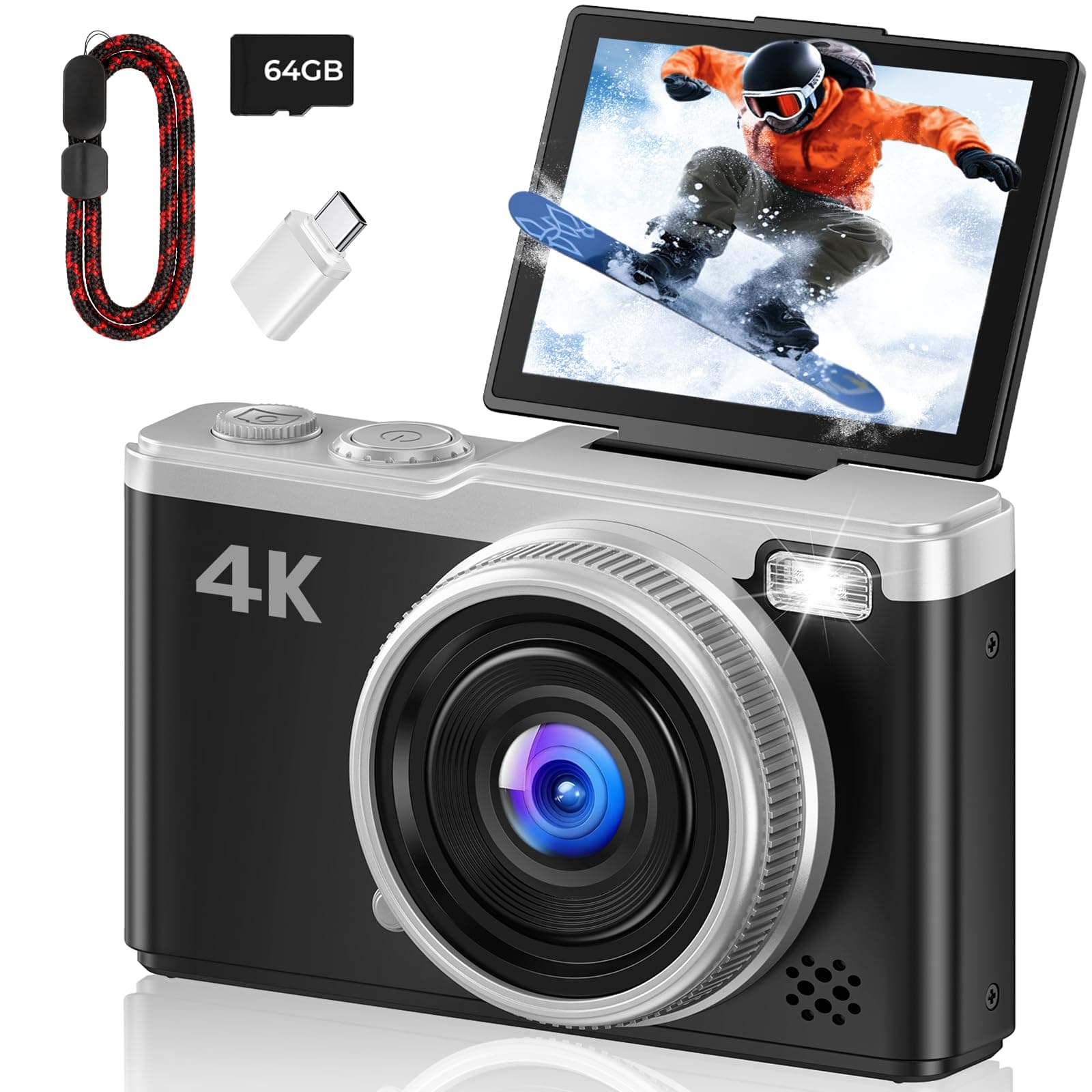 4K Digitalkamera - Maxmango 64MP Autofokus Kamera Fotokamera mit 180° Klappbarer Bildschirm - 2,4 Zoll Vlogging Kompaktkamera mit 64GB Karte - 16X Zoom für Jugendliche Einsteiger - Schwarz Angebot bei HelloDeals